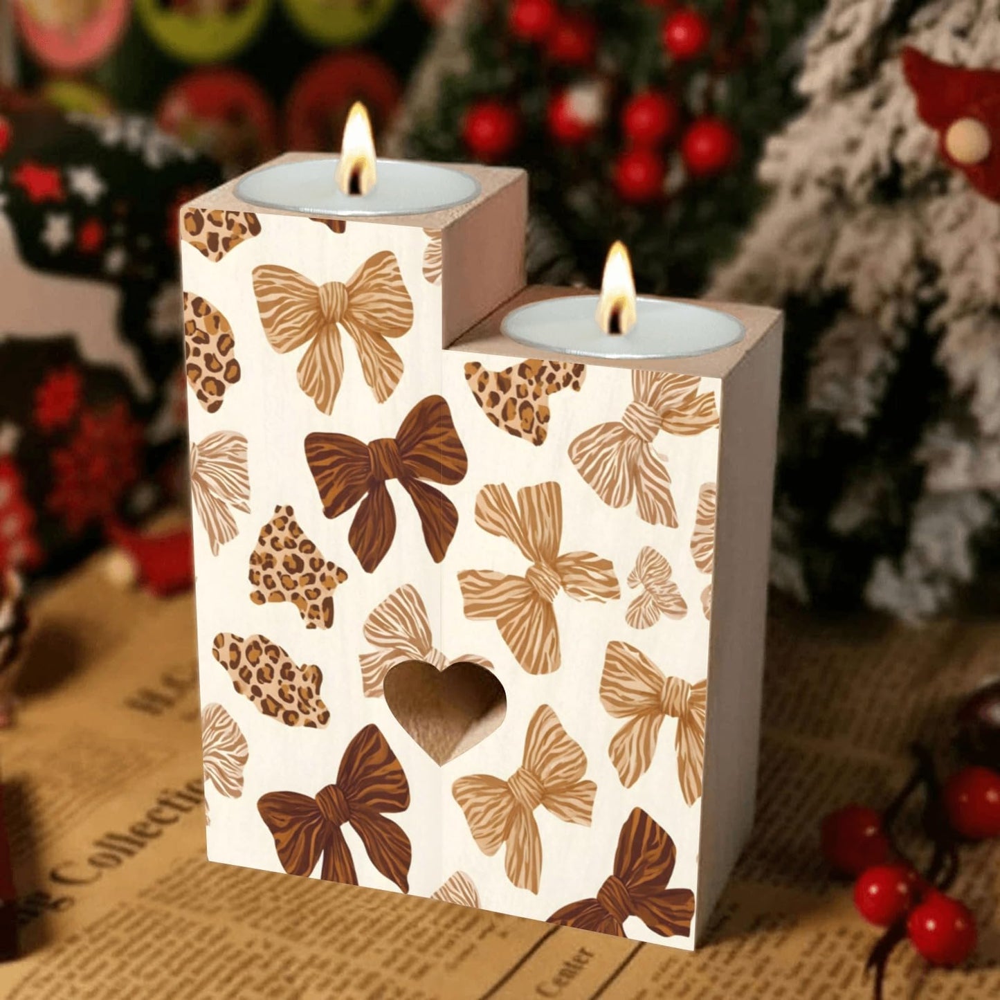 pnyoin Cute Animal Print with Bows Candle Holders Gift for Women Wooden Heart Candlestick Personalized Christmas Birthday Graduation Friendship Gifts Home Wedding Dinning Party Decorative
