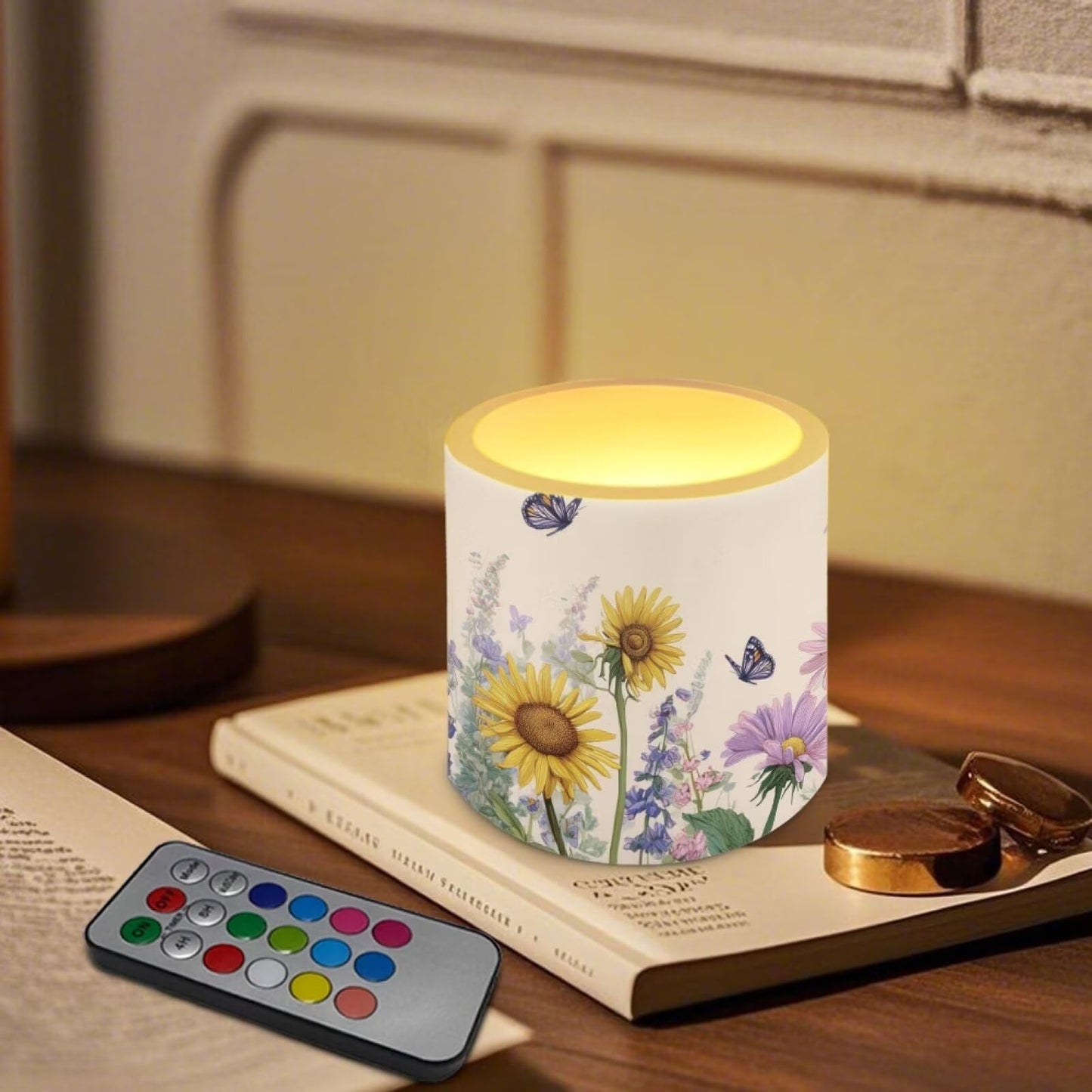 Cozeyat Sunflower Butterfly Waterproof LED Candles Set of 4 Battery Operated Flameless with Remote Timer Dancing Flame Pillar Candles for Indoor Outdoor Use
