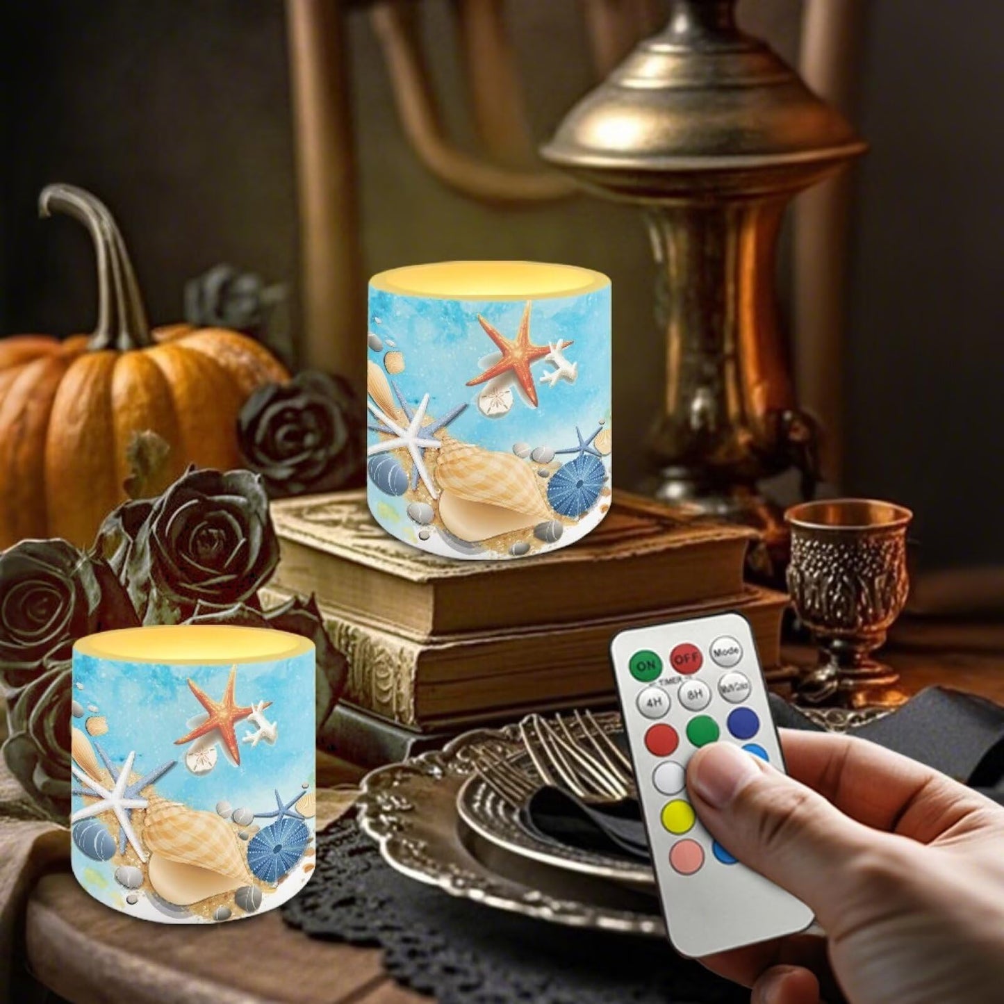 NETILGEN 4 Packs Flameless Candles with Remote Timer Color Changing Realistic Flickering Flameless Candles Set of 4 Battery Operated Candles Beach Seashell Starfish Print