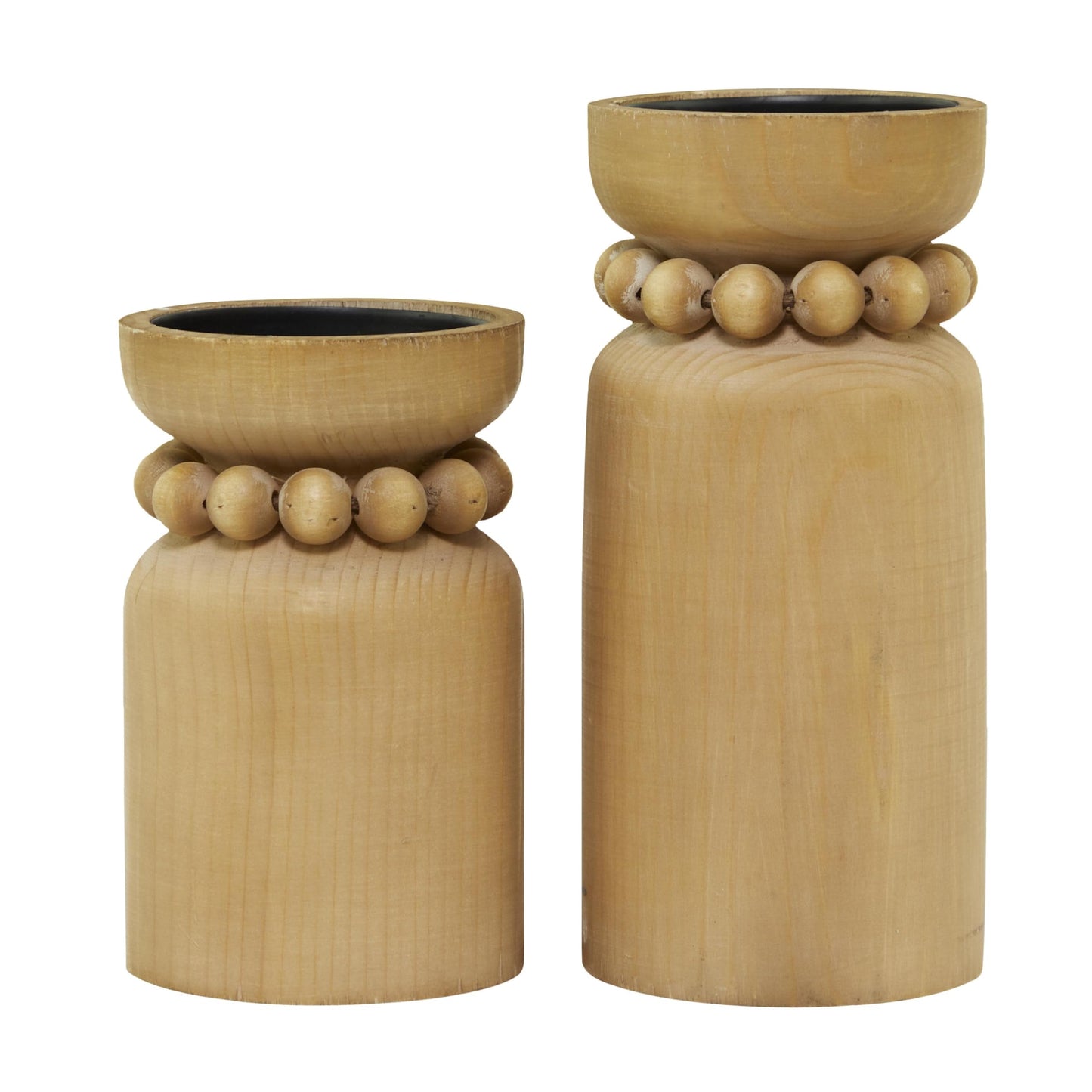 Deco 79 Wood Decorative Candle Holder Beaded Pillar Candle Stand, Set of 2 Candlestick Holder 8", 6"H, Brown
