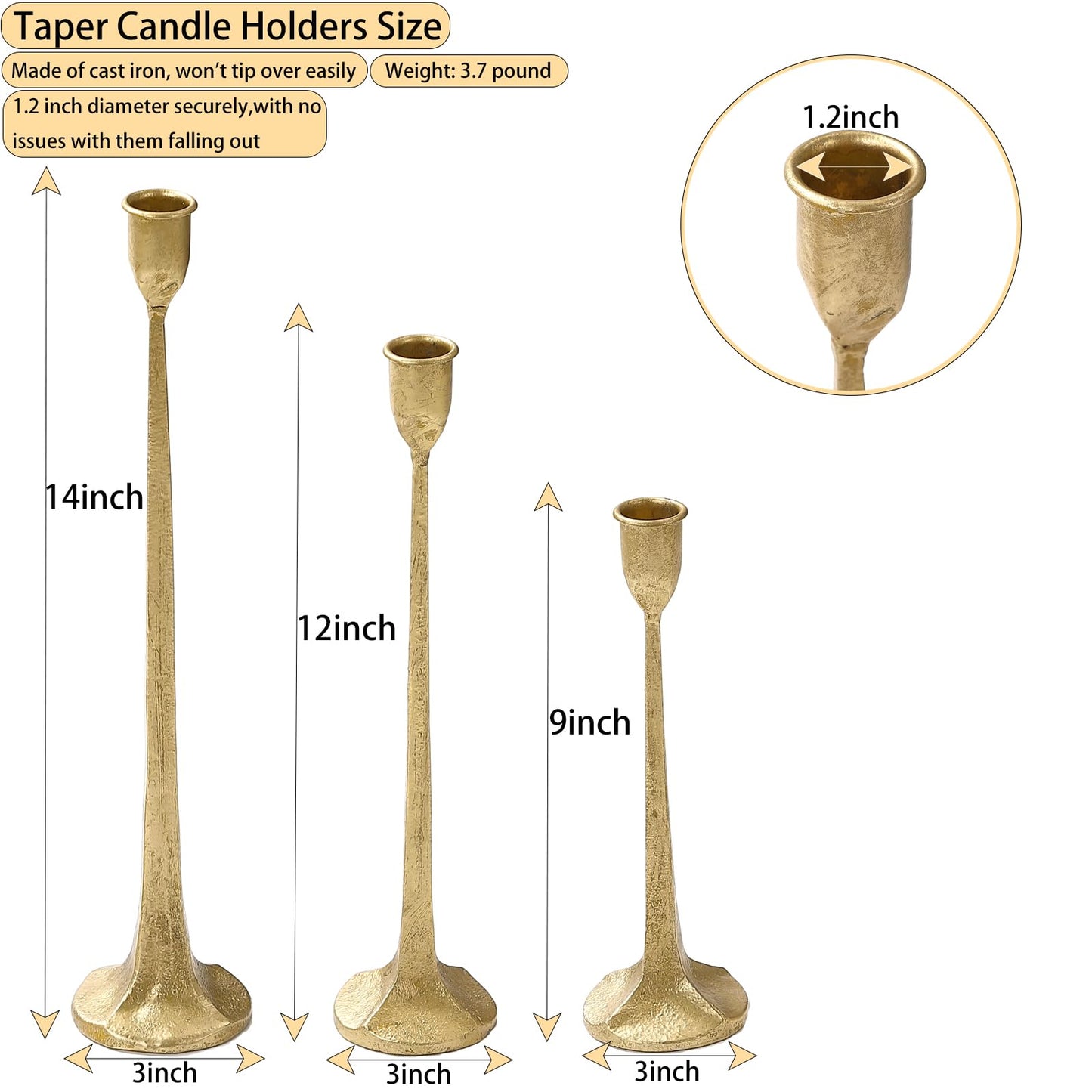 Gold Taper Candle Holders Set of 3, Heavy Candlestick Holders Decorative Candle Stand for Table Centerpiece, Cast Iron Candle Stick Holder Decor