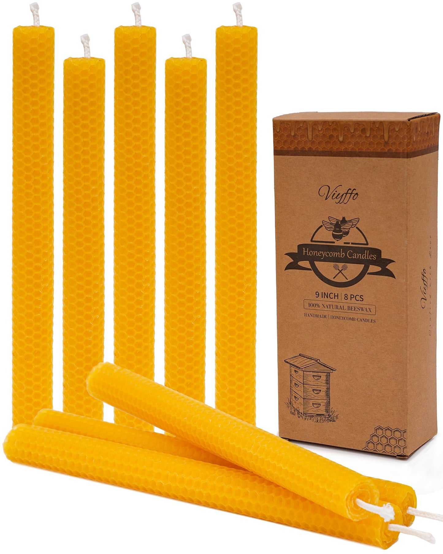 Viyffo 9 Inch Natural Beeswax Taper Candles Hand Rolled 8 Pack Unscented, Dripless, Smokeless Tapered Candlesticks Wedding Advent Home Decor Dinner Christmas