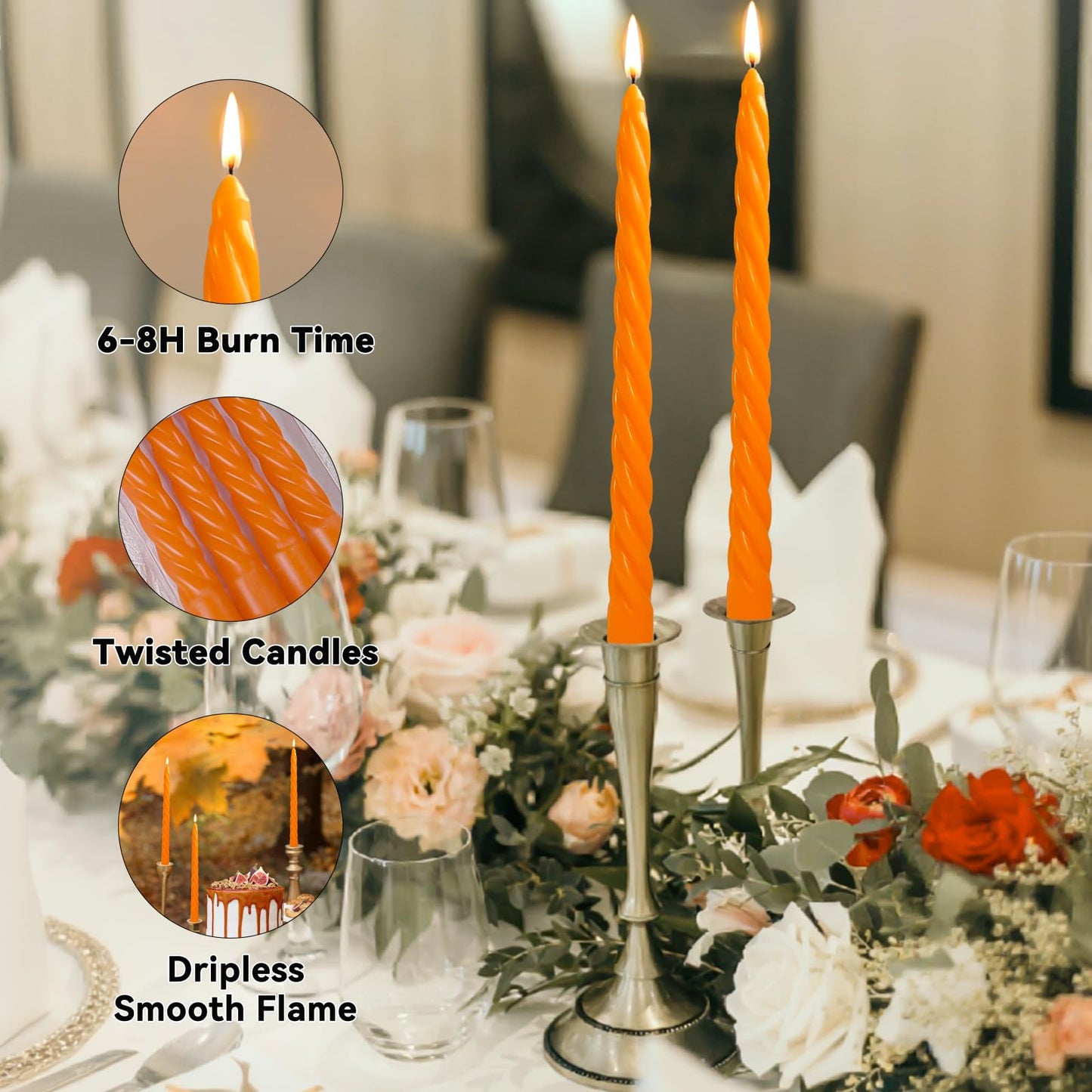 10 Inch Orange Twisted Taper Candles Set for Fall, 12 Pack Unscented Candlesticks, Dripelss Thin Tapered Candles for Halloween Harvest Thanksgiving Party Decoration