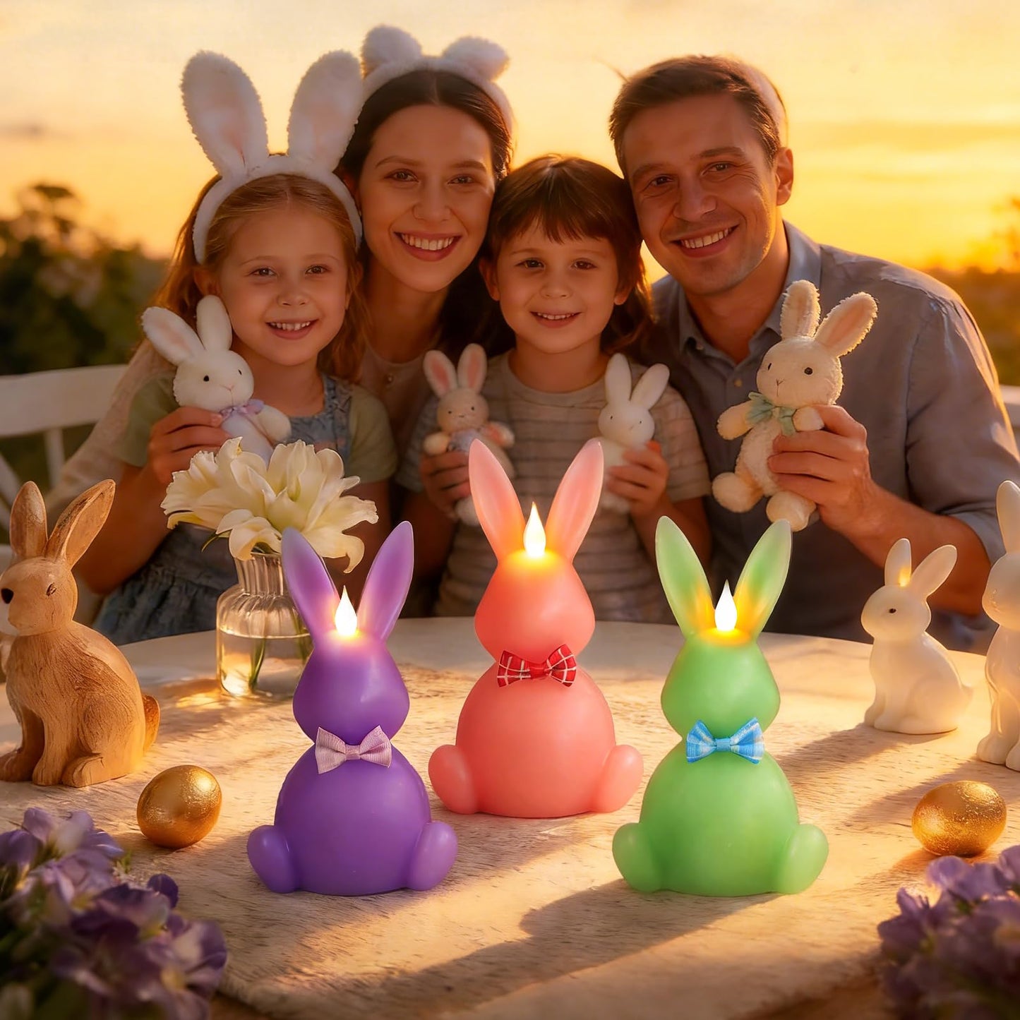 LCZLUMIPRO 3PCS Easter Bunny Flameless Candles, LED Easter Candles Battery Operated Rabbit-Shaped Real Wax Pink Purple Green,Spring Party Decoration Centerpiece Table Home Decor (No Remote)