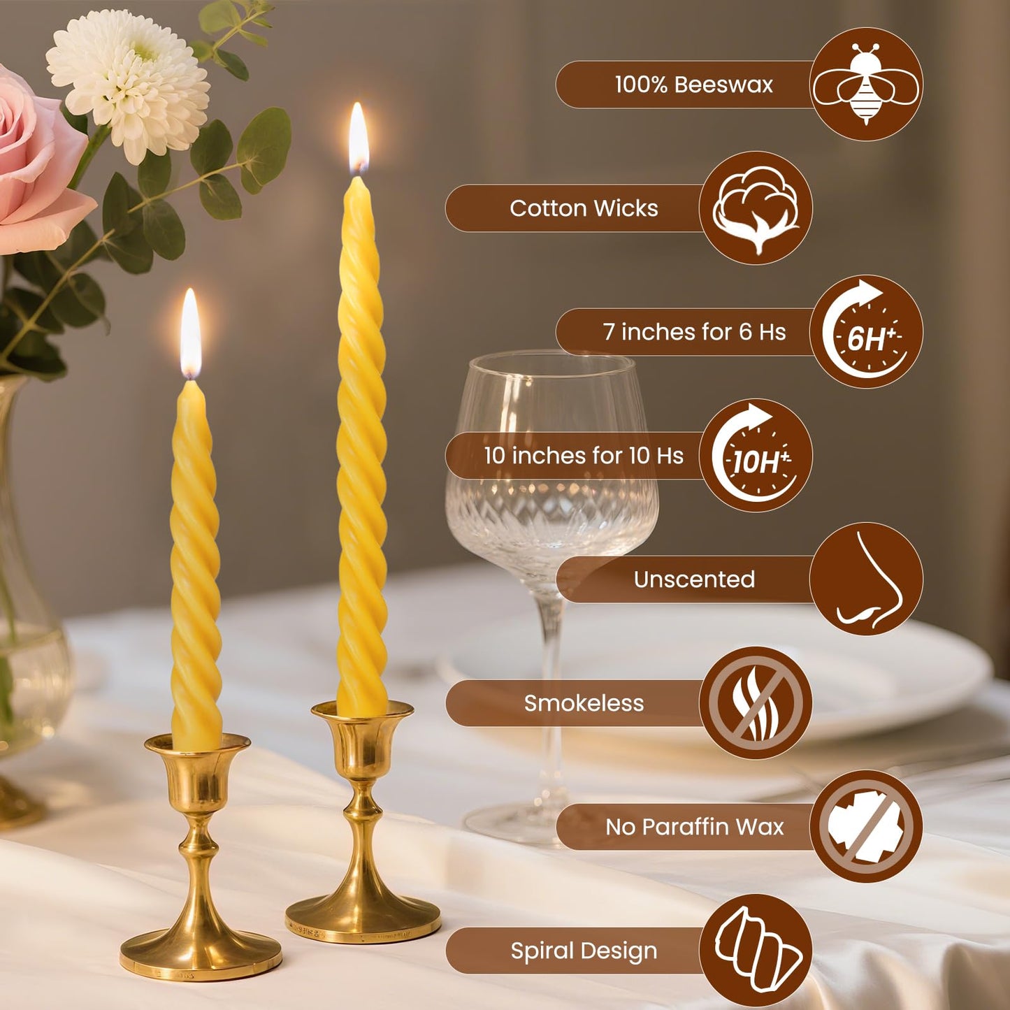 AGLARY 2PCS 10-Inch Pure Beeswax Spiral Taper Candles, Twisted Stick Candles, Dripless & Unscented for Weddings, Christmas, Dinner, Meditation - Natural Yellow