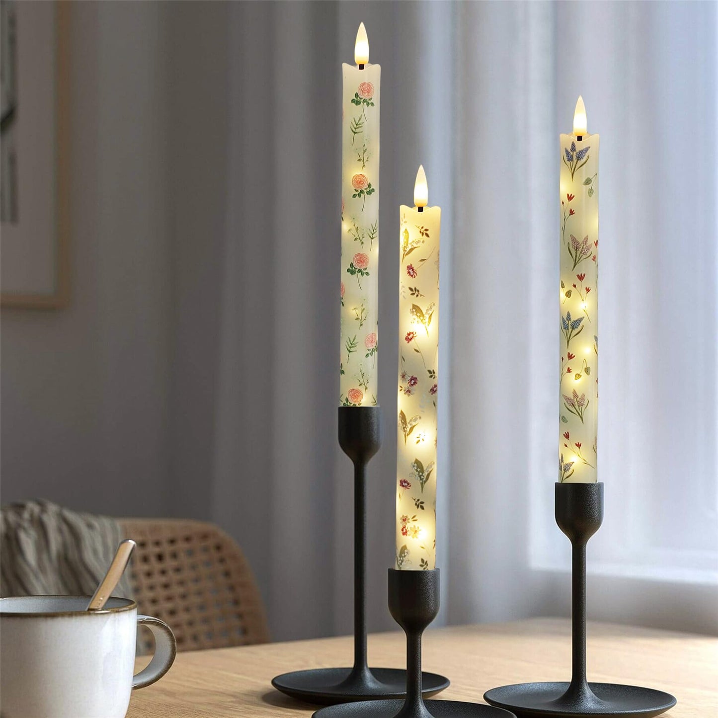 Gedengni Floral Candles Remote Candlesticks-10inches Timer Flickering Battery Operated Candle Chinoiserie LED Taper Candles Lights for Home Wedding Tea Party Windows Decor,3PCS-RFL
