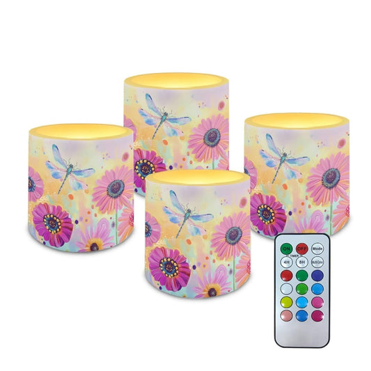 Cozeyat Colorful Blooms Dragonfly Decorative Flameless Candles 4 Pack Waterproof LED Battery Operated with Remote Control Timer Flickering Flame Pillar Candles for Indoor Outdoor