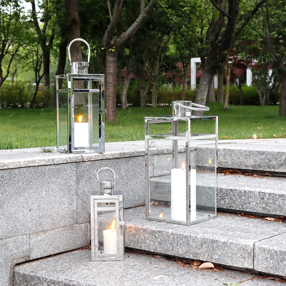 TRIROCKS Stainless Steel Lantern Set of 3, 19" Tall Metal Hanging Lanterns with Clear Glass Panels, Indoor & Outdoor Home Decor for Living Room, Tabletop, Parties & Events - Silver Finish