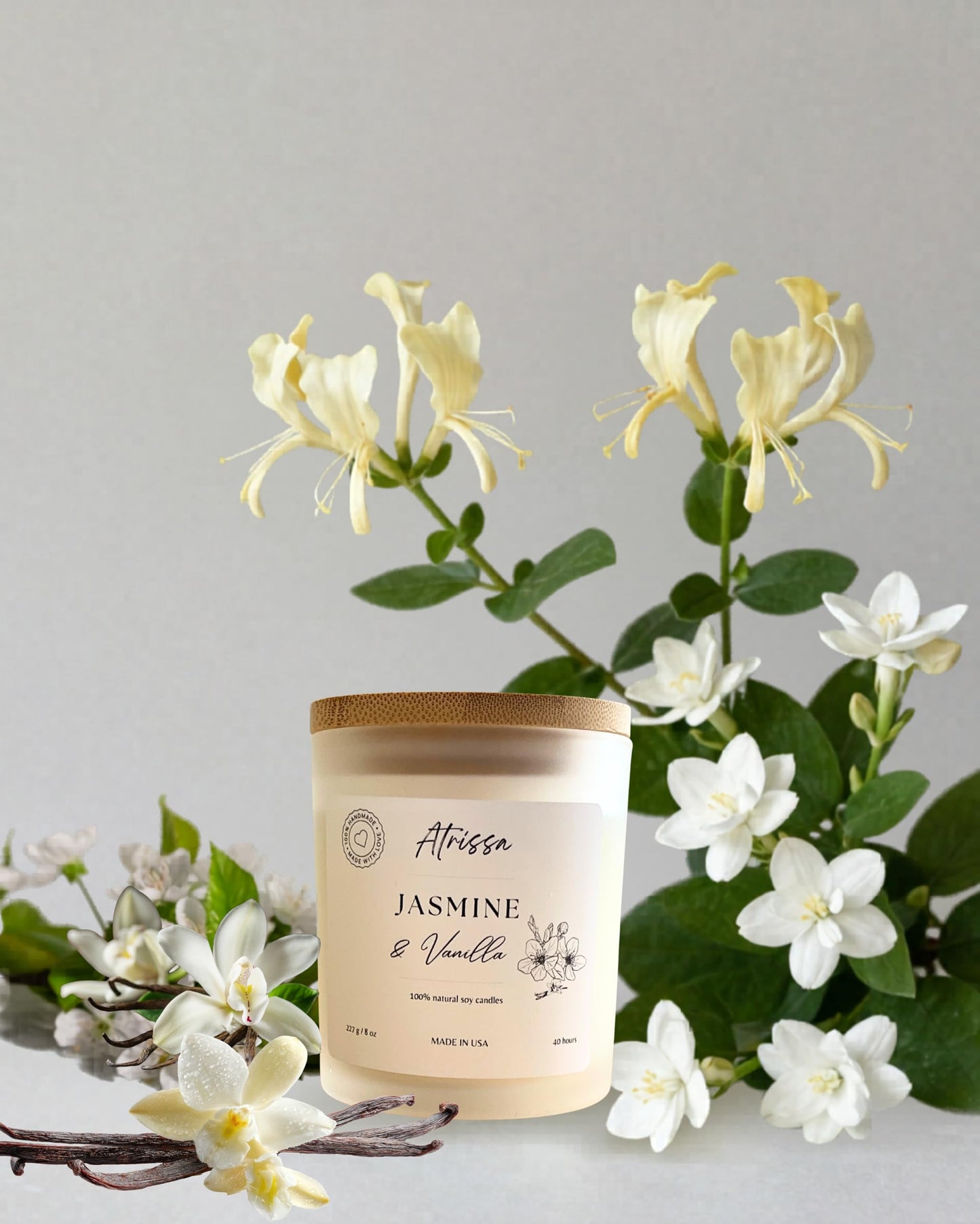 ATRISSA Jasmine Vanilla Soy Candle 8oz – Floral and Sweet Fragrance, Hand-Poured in USA