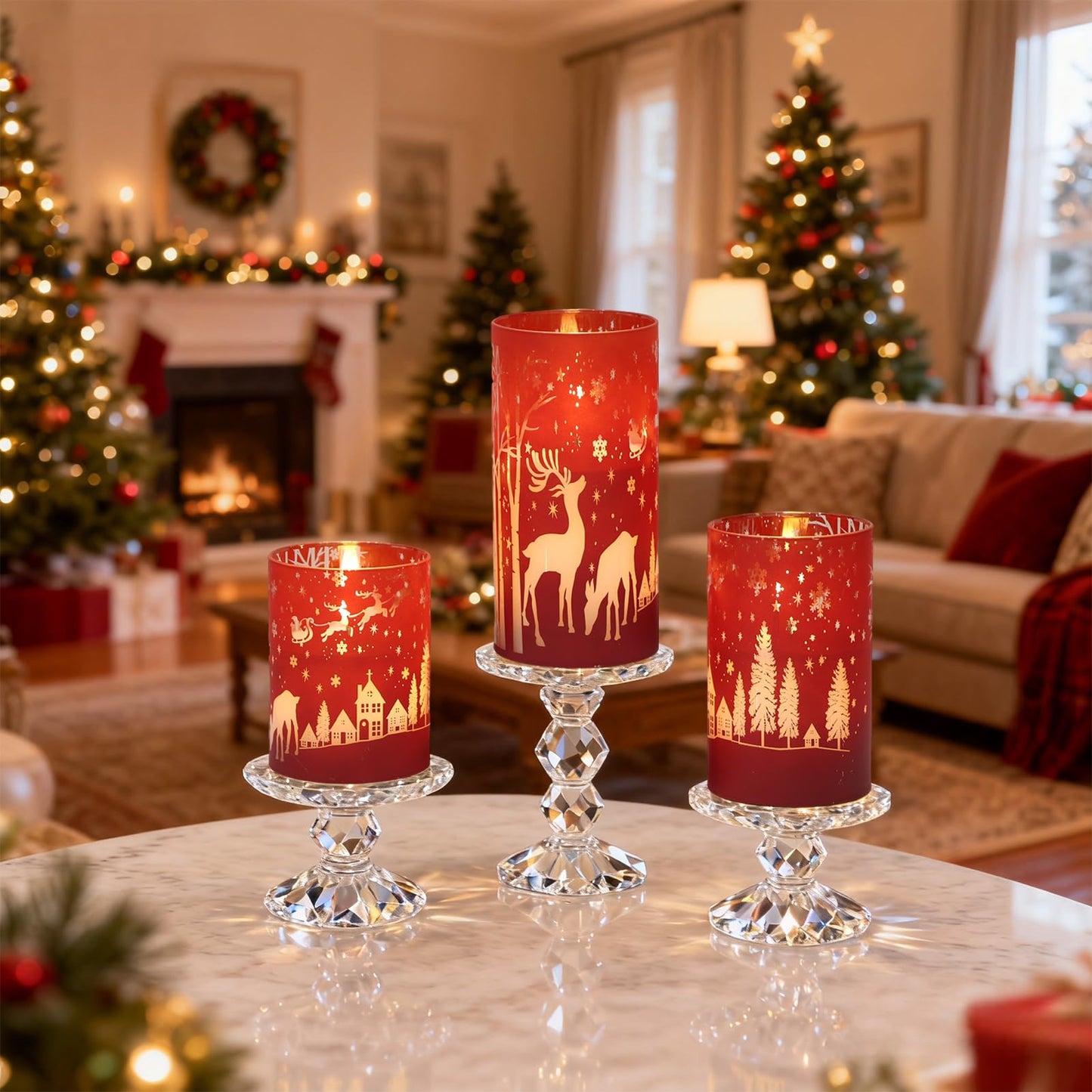 DRomance Christmas Flameless Candles Battery Operated with 10-Key Remote and Timer 3D Wick Flickering Electroplating Glass Reindeer LED Candles Indoor Holiday Decorations(Red, 3" D x 4", 5", 6" H)