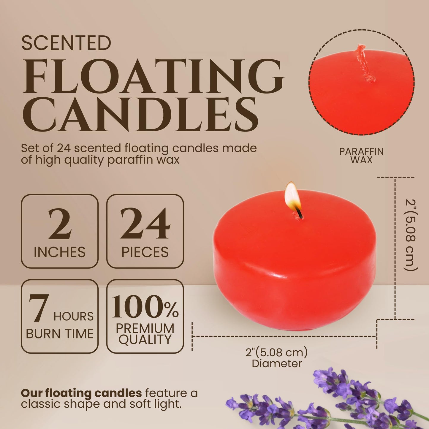 Axiom Red Floating Candles for Centerpieces - Floating Candle 2 inch Hand-Rolled Paraffin, Cotton Wicks, 4-Hour Clean Burn (Light Strawberry Scented), 24 Count