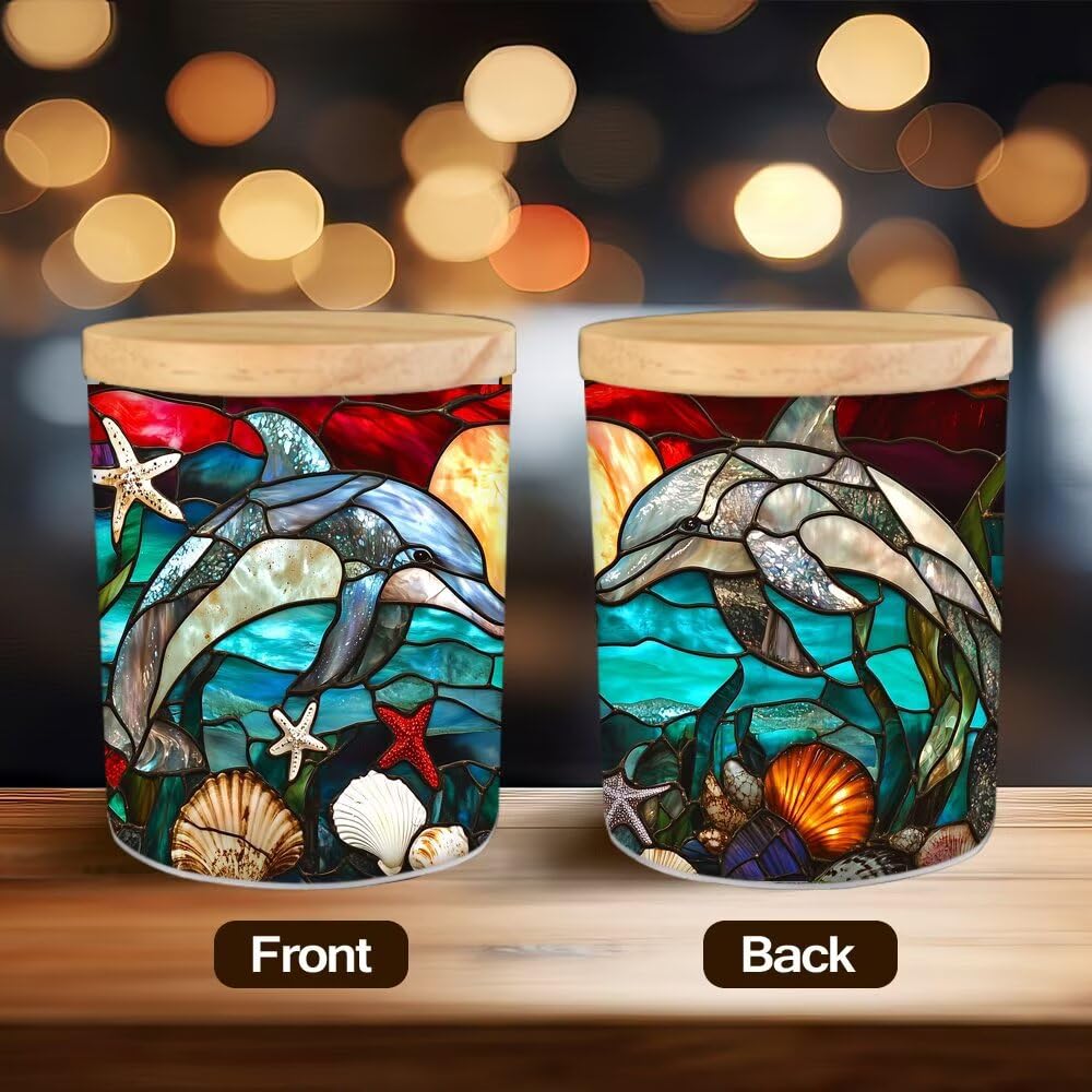 Stained Glass Dolphins Tea Light Candle Holders, Starfishes Tealight Candle Holder Jar with Wooden Lid, Ocean Votive Candlesticks for Table Centerpieces, Christmas,Birthday Party,Home Decor