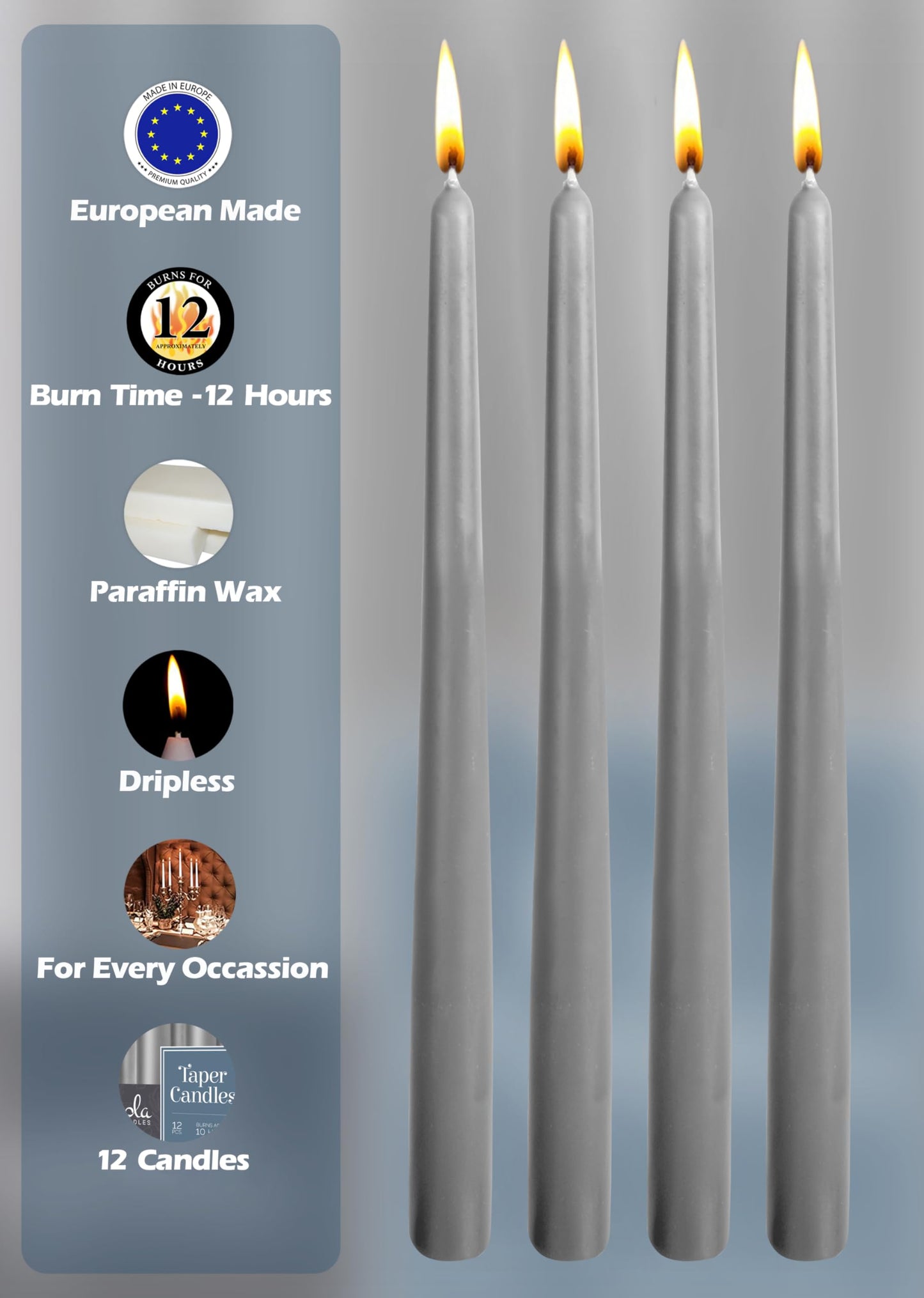Hyoola Tall Taper Candles - 14 Inch Dark Grey Dripless, Unscented Dinner Candle - Paraffin Wax with Cotton Wicks - 12 Hour Burn Time (Pack of 12)