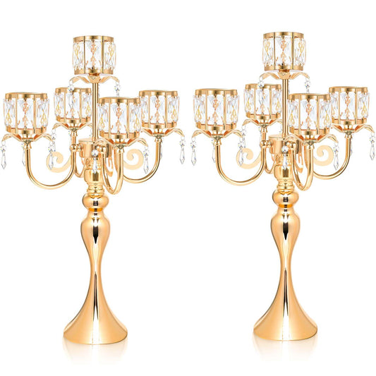 2 Pcs Kehail Gold 5 Arm Pendant Square Crystal Table Decor 22 inch Candle Holder, Classic and Elegant Table Centerpiece Atmosphere Candle Holders for Gift Wedding Party Home Decor