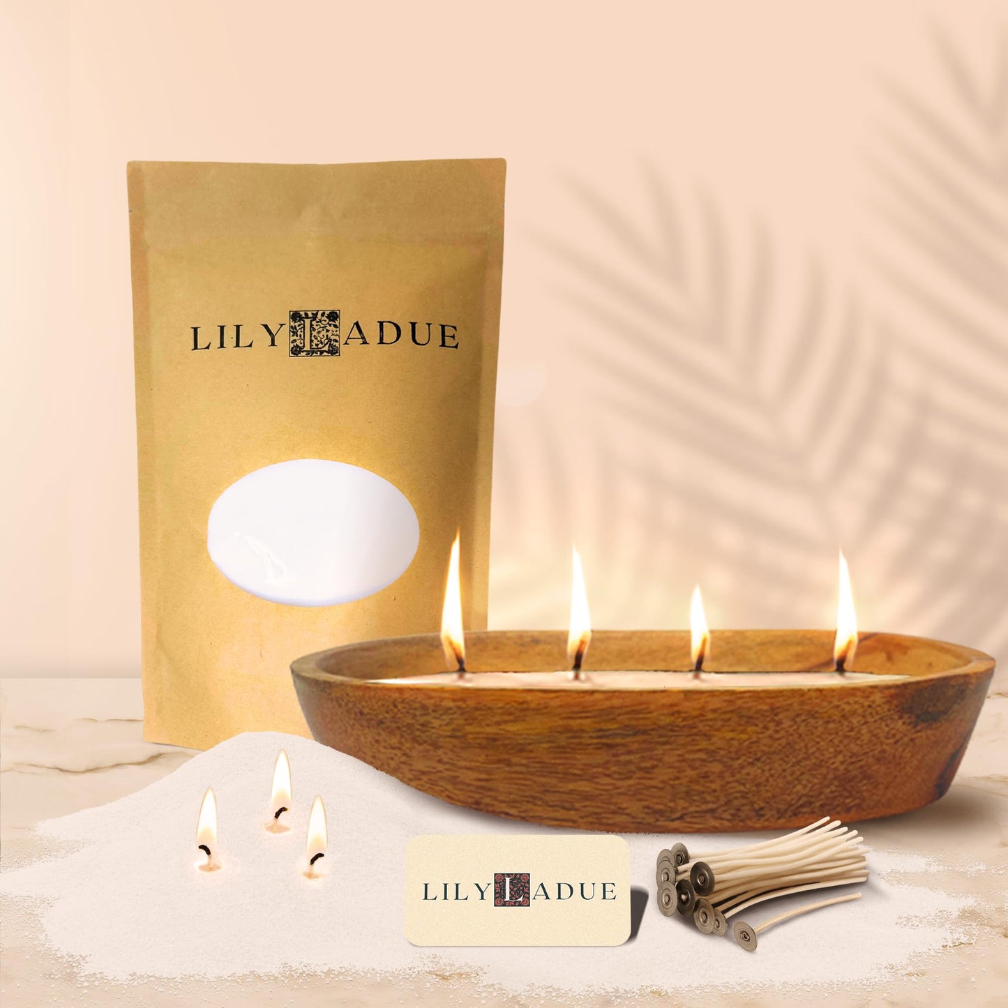 LILY LADUE Sand Candle Kit - 1Lb/16Oz Pearled Candles Sand and Wicks (24) with Wood Holder, Unscented Aroma Beads, Reusable Pearled Candle Wax for DIY Home Kit, Powder Beads Refill Available