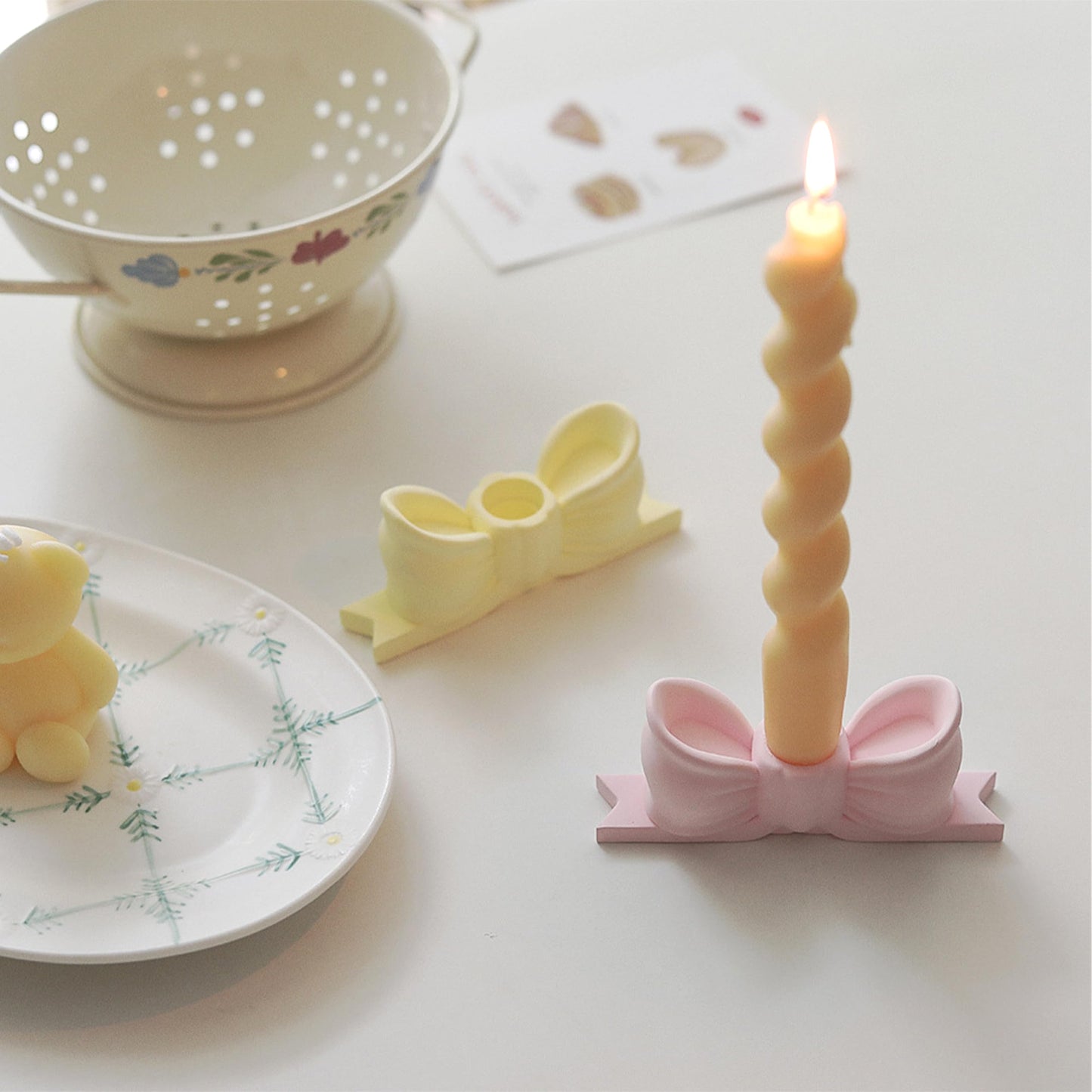 Candle Holder Set of 2, Yellow Bow Candlestick Holders Fit 0.59 Inch Candles, Gypsum Candelabra Decorative Candle Stand Centerpiece for Table Wedding Dinning Party