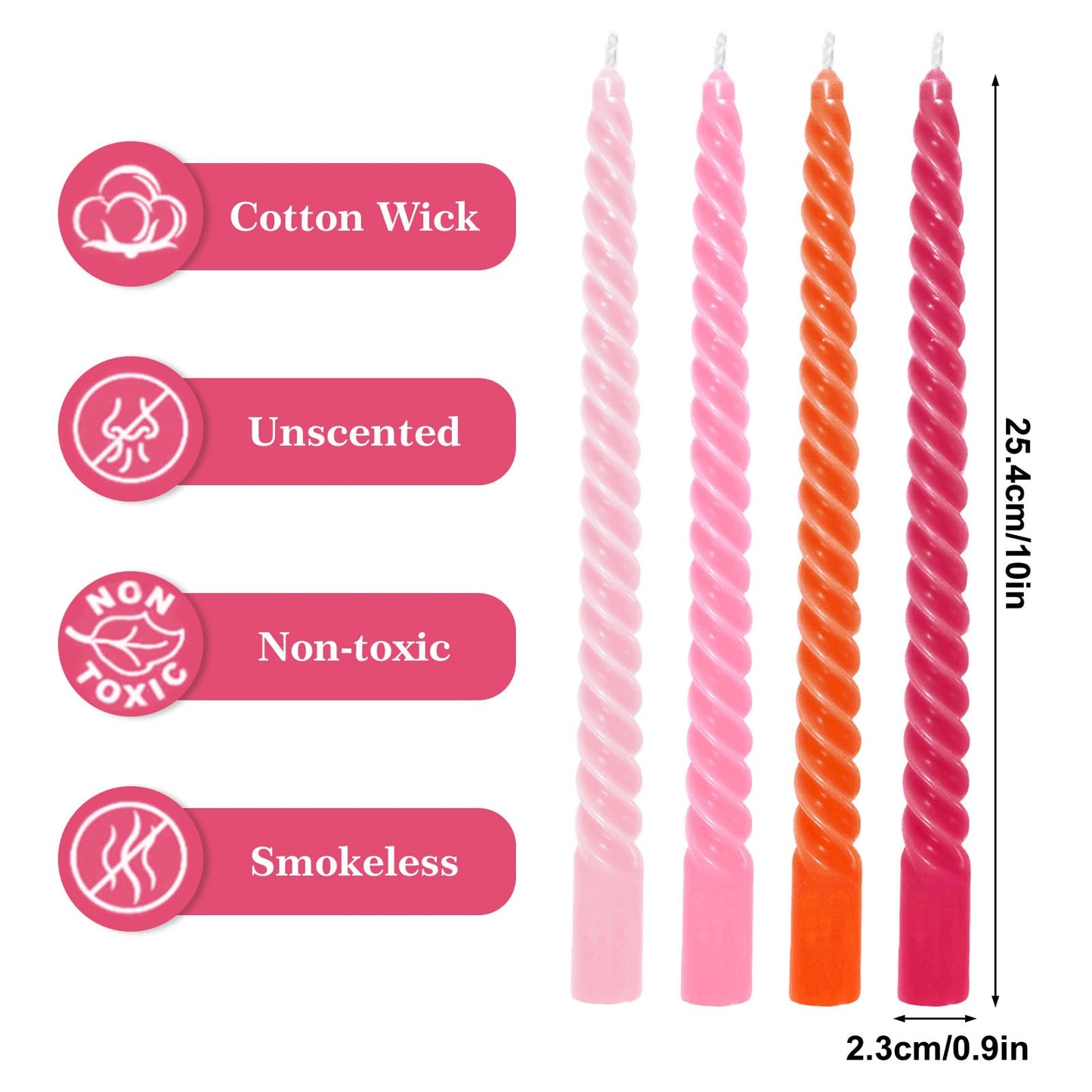 Whaline 8 Pcs Spiral Taper Candles Hot Pink Orange Pink Dripless Twisted Wax Candles 10 Inch Long Unscented Candle Sticks for Summer Fall Baby Shower Wedding Sunset Party Home Dinner Decor