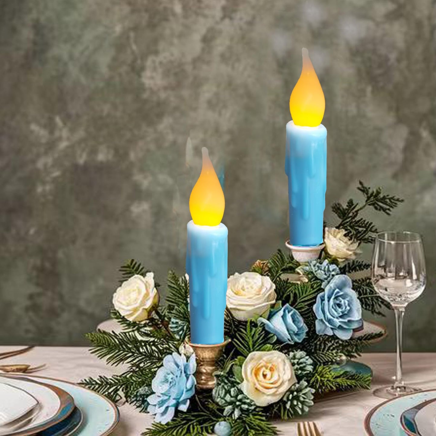 LINCOUNTRY.Primitive Wax Short Taper Candles Battery Operated with Timer Flameless Taper Candles Flickering Flame Small Led Blue Candlesticks for Christmas Halloween Home Decor