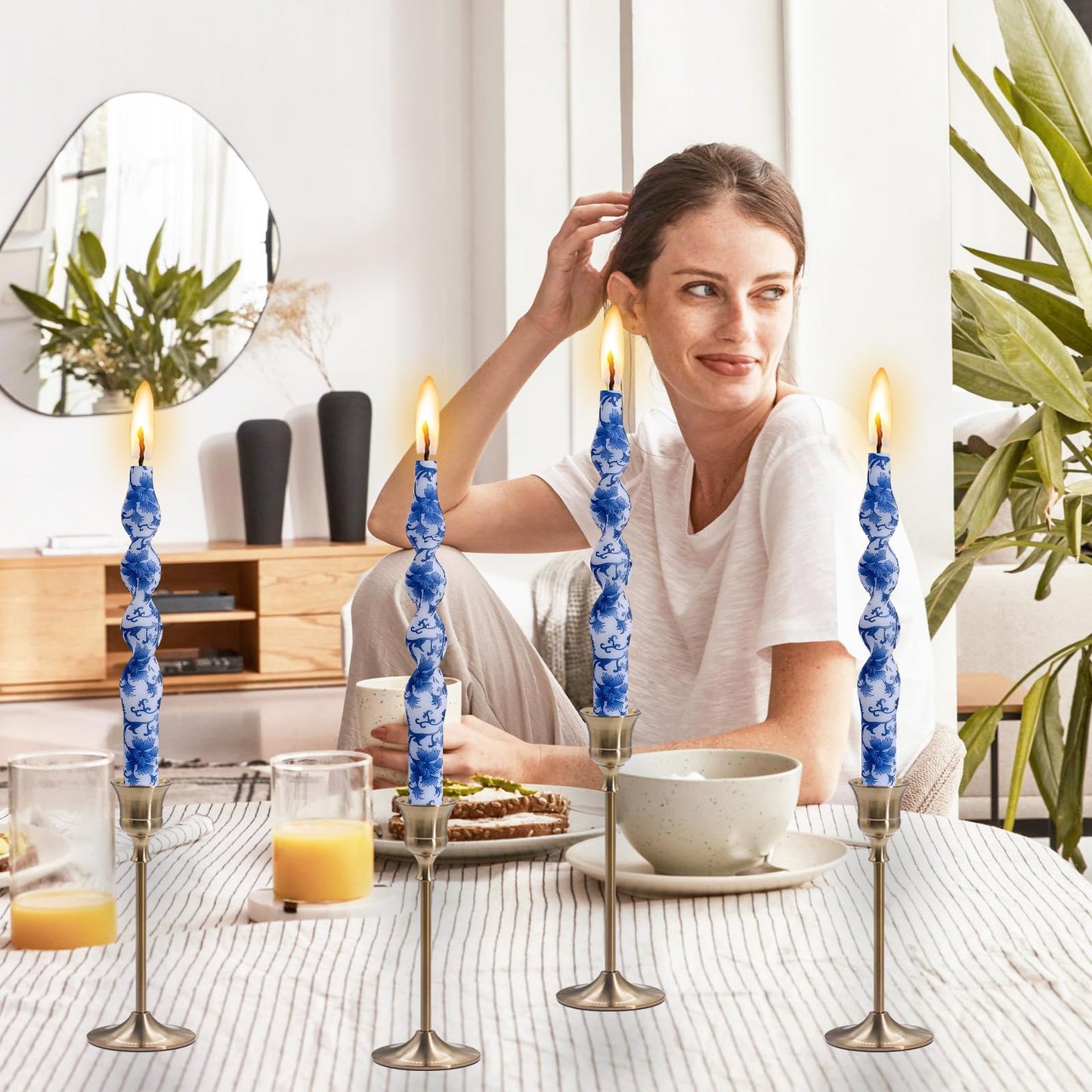 NJAO HOO Floral Taper Candles 10 in Spiral Candlesticks Hand Printed Blue and White Candlestick Twisted Taper Candle for Home Garden Decor, 2Pcs