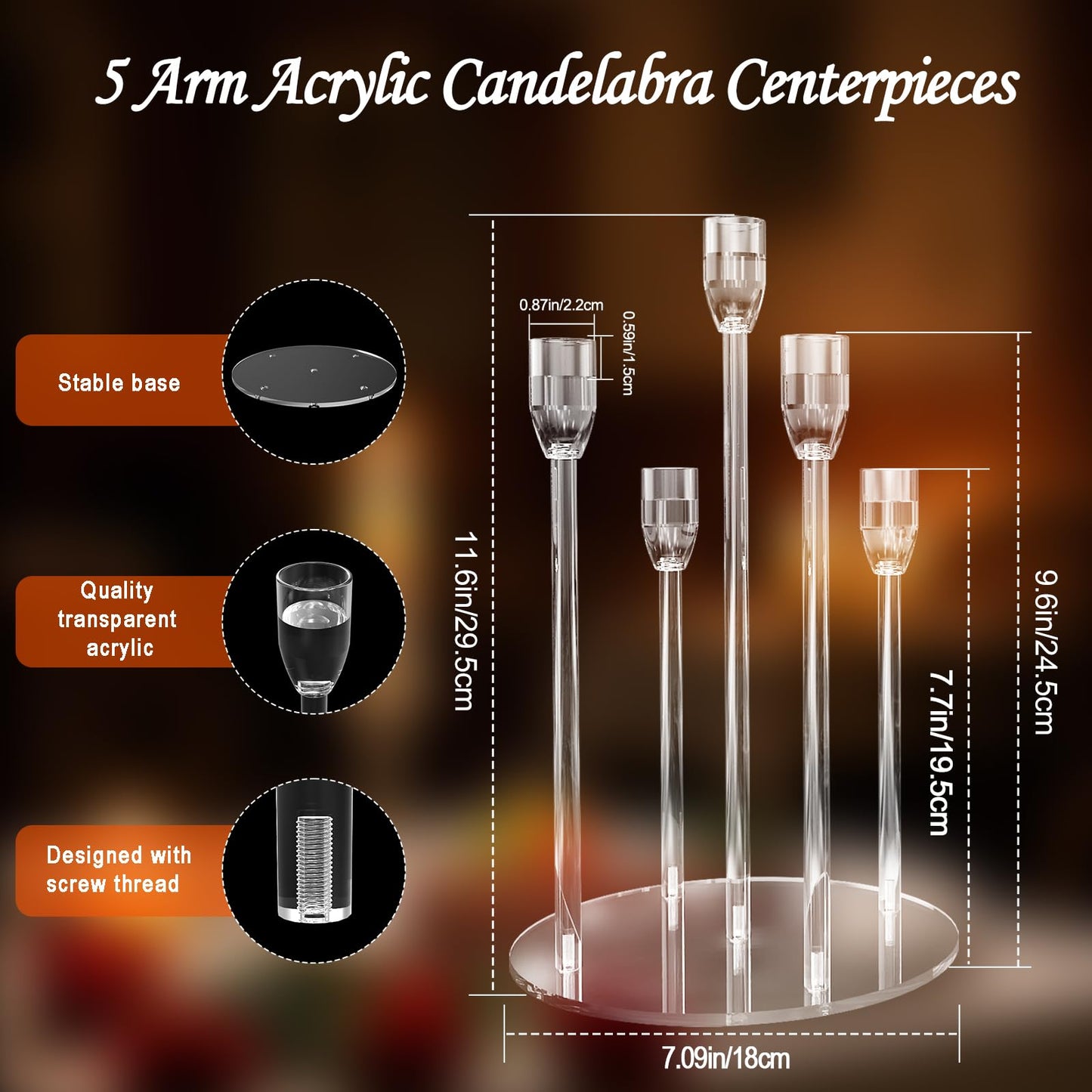 5 Arm Acrylic Candle Holder Stand Elegant Crystal-Clear 3 Tier Stems for Flameless LED Candles Modern Spiral Twist Design, Sturdy 7.09" Round Base Perfect for Weddings & Home Decor (2, Candelabra)