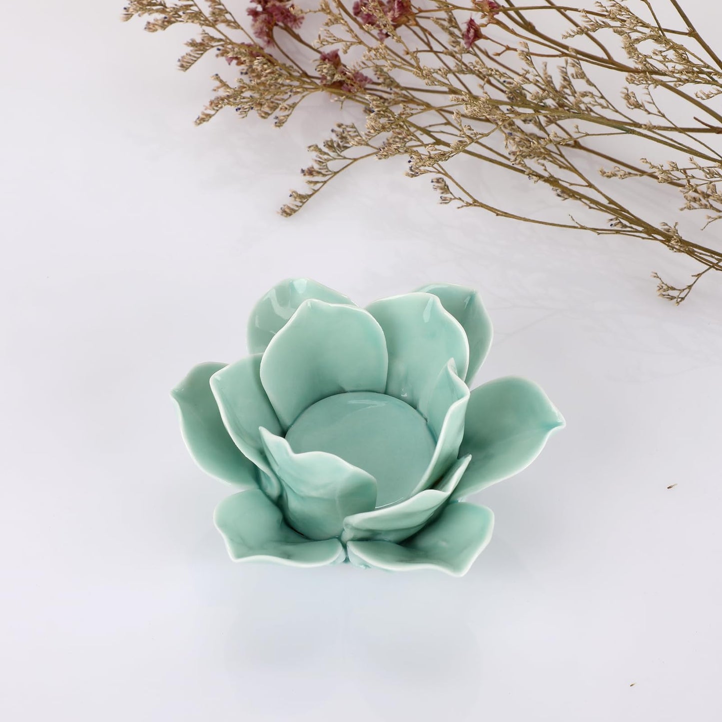 OwnMy Green Ceramic Lotus Flower Tealight Holder 4.5 Inch Lotus Petal Tealight Candle Holder, Ceramic Votive Candle Stand for Wedding Table Centerpieces Home Decors
