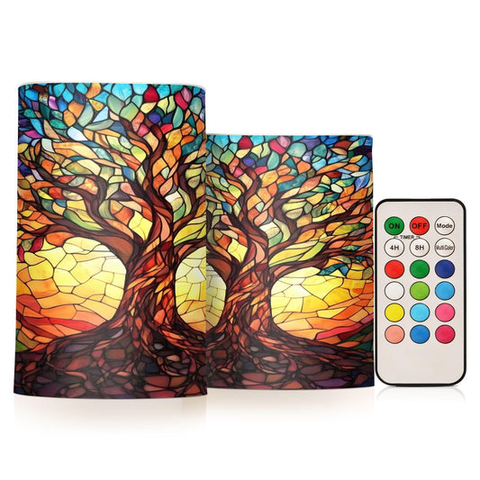 ALAZA Flickering Flameless Candles Tree of Life with Leaves Battery Operated Candles with Remote Timer LED Pillar Votive Candles Set of 2 for Holiday Decor