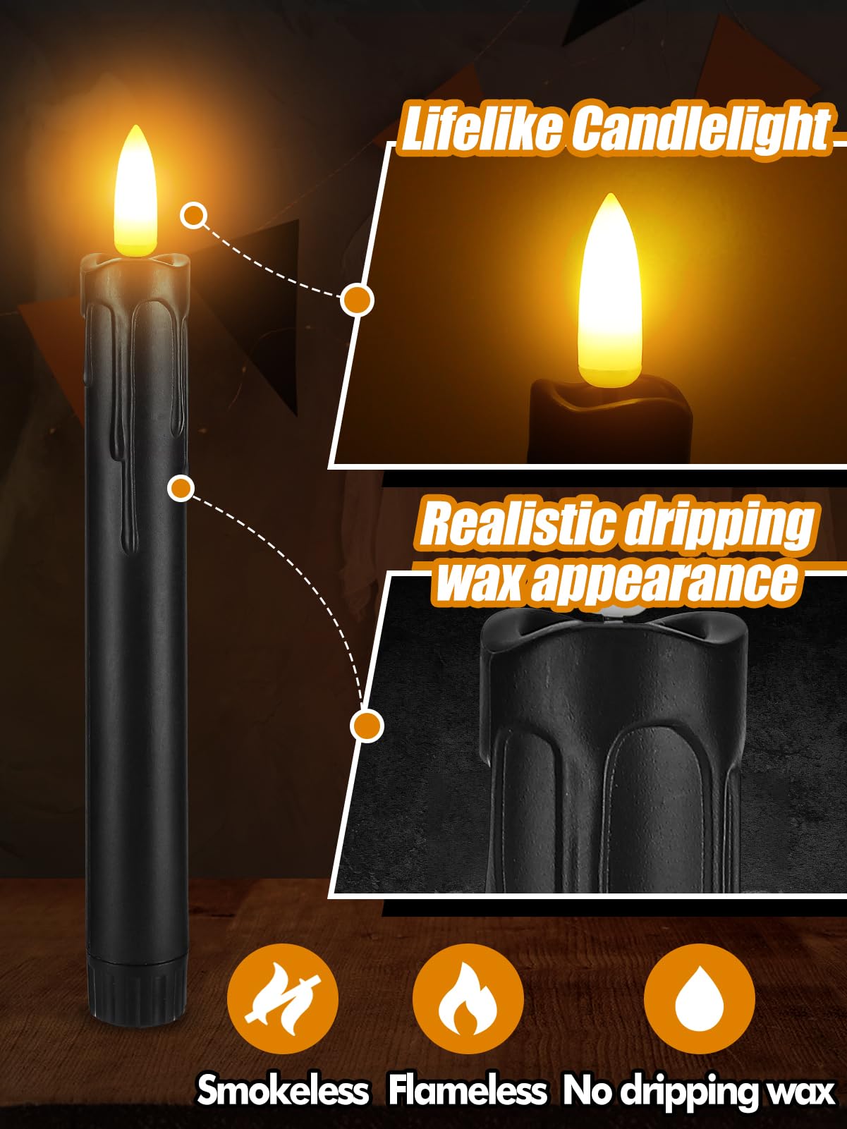 Black Halloween Flameless Candles with Timer - Wax Drip LED Flickering Taper Candlesticks Battery Operated, Smokeless Unscented for Fireplace Table School Bar Halloween Decor, 6 Pack