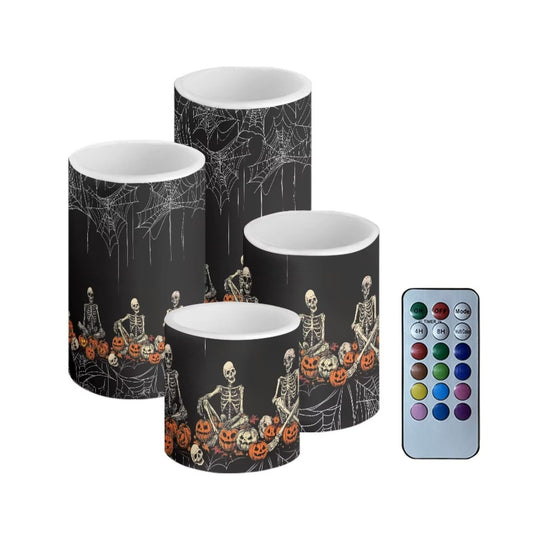 Merkmak Halloween Skeleton Pumpkin Battery Operated LED Candles with Timer Flameless Candles with Remote 4Pcs Outdoor Lanterns Indoor Outdoor Trick or Treat Party Home Decorations