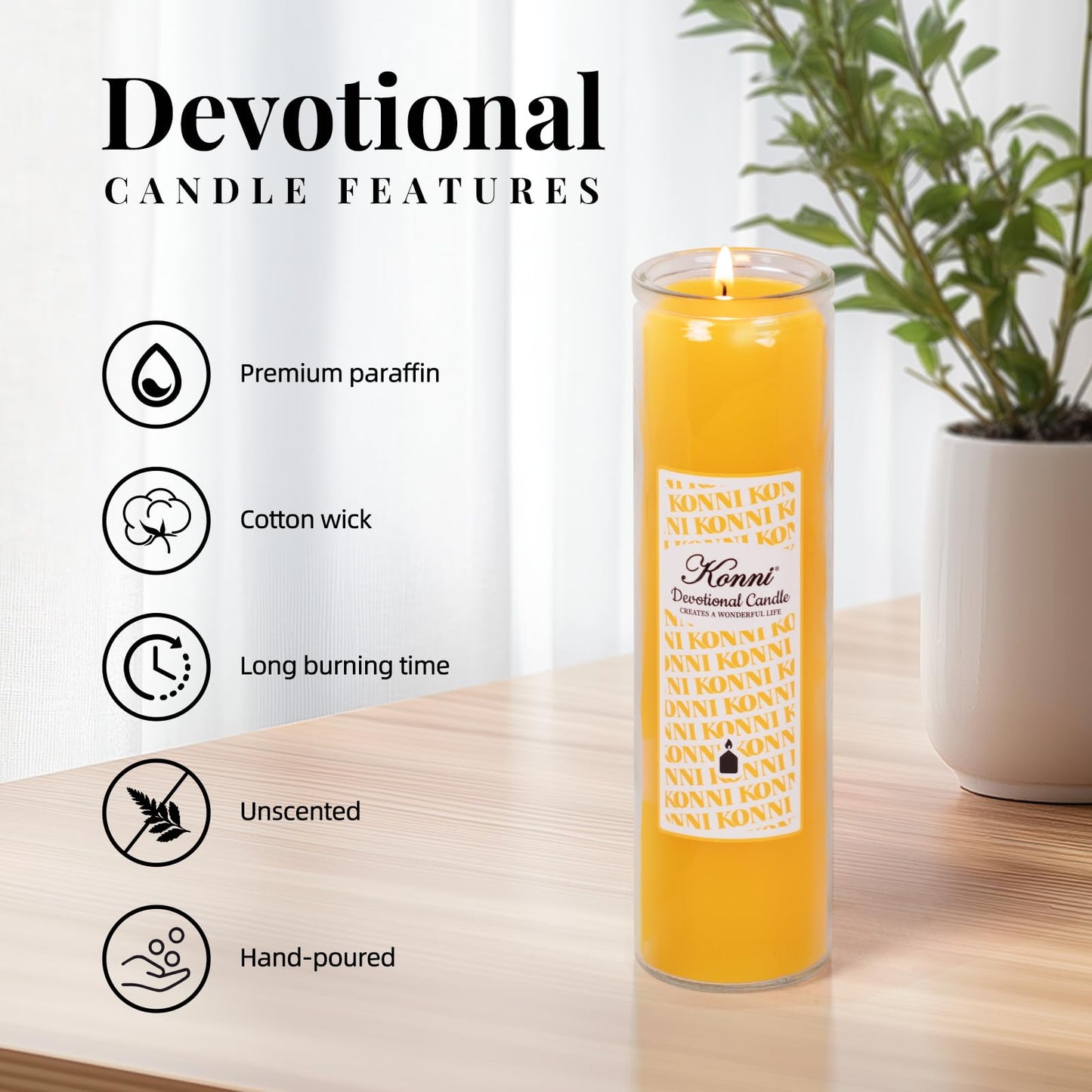 KONNI 2x8 Inch Yellow Pillar Candles in Glass Set of 3, Devotional Prayer Candle, Unscented Religious Candles, 105 Hours Emergency Long Burning, Ideal for Memorials, Vigil, Blessing