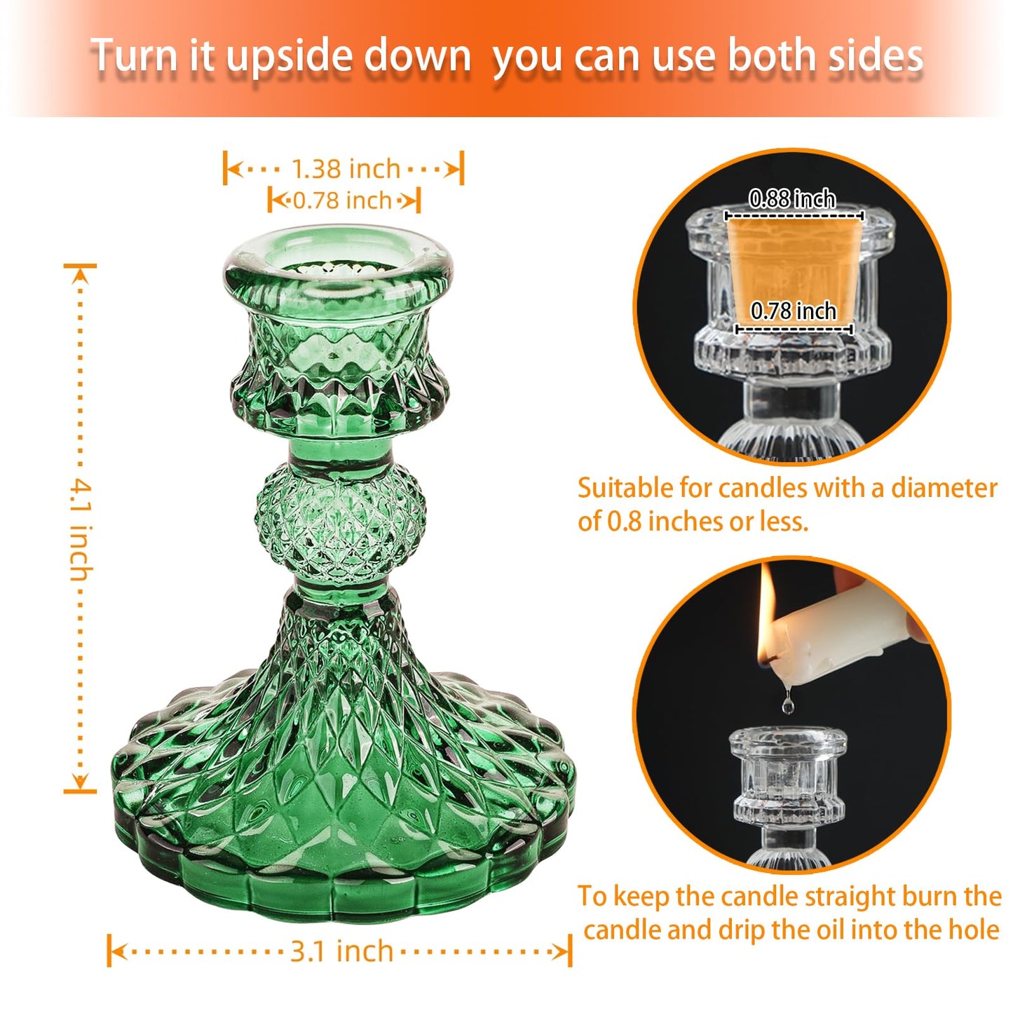 ECHFSM Glass Candlestick Holder,Striped Taper Candle Holders,Set of 6 Candle Stand for Table Centerpieces, Home Decor,Weddings,Festival and Parties (Green Dimond Pattern)
