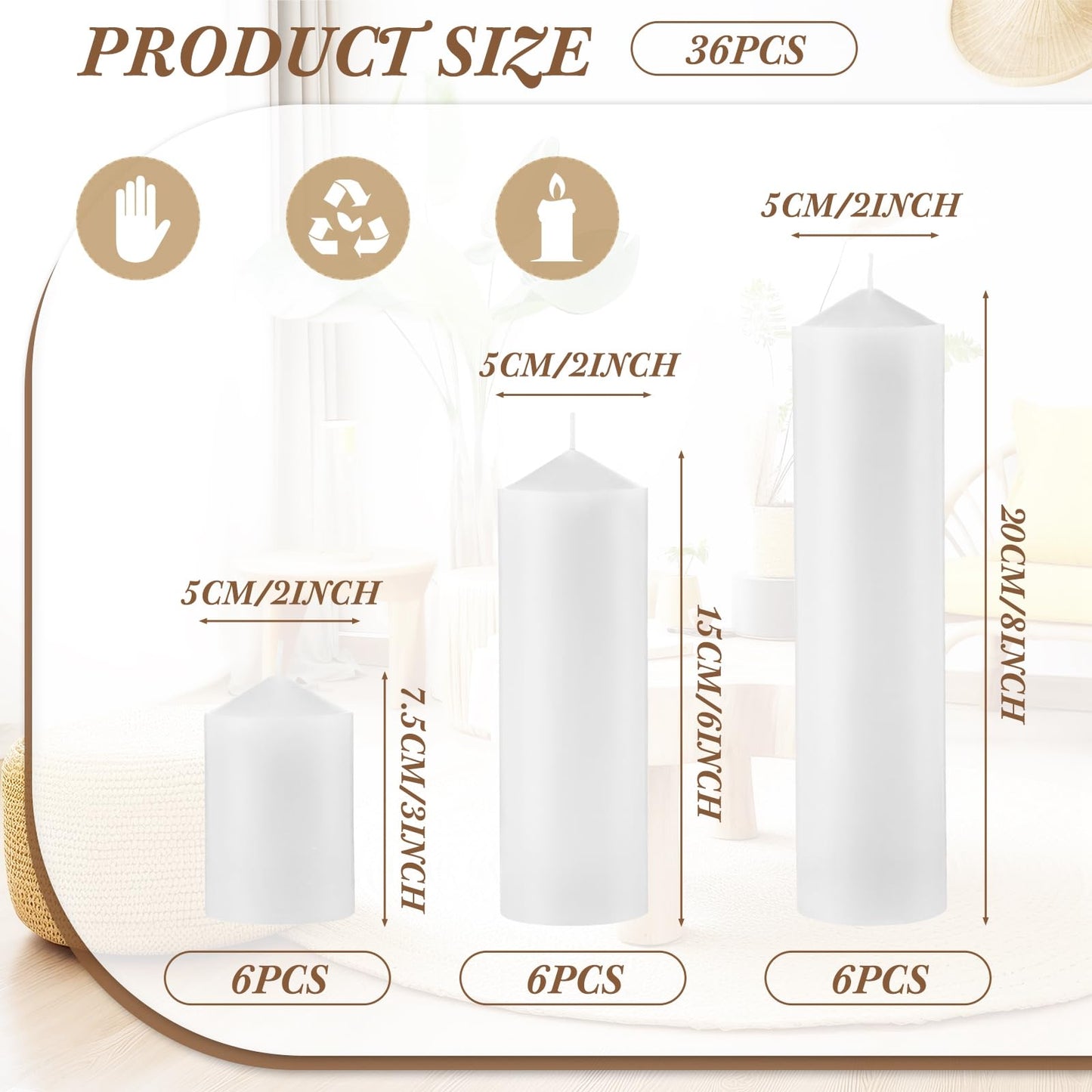 MTLEE 18 Pcs Set of 3 Pillar Candles Bulk 2 in x 3, 6, 8 Long Burning Clean Unscented Smokeless Pillar Candles for Wedding Emergency Lanterns Ceremony Party(Plain White)