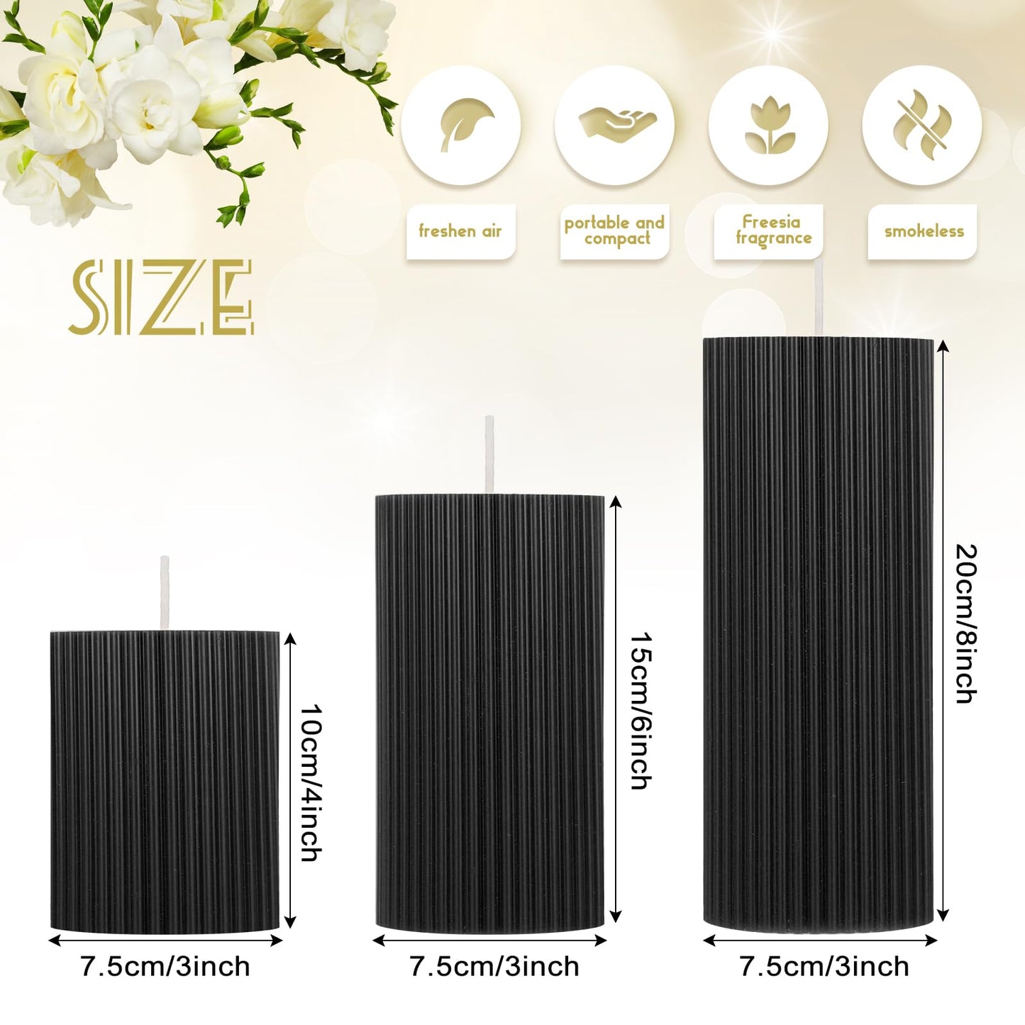 Conelist Ribbed Pillar Candles Set of 3, Width 3" High 4" 6" 8" Large Soy Wax Orchids Scented Pillar Candles Aesthetic Ribbed Modern Home Decor for Bathroom Living Room(Black)