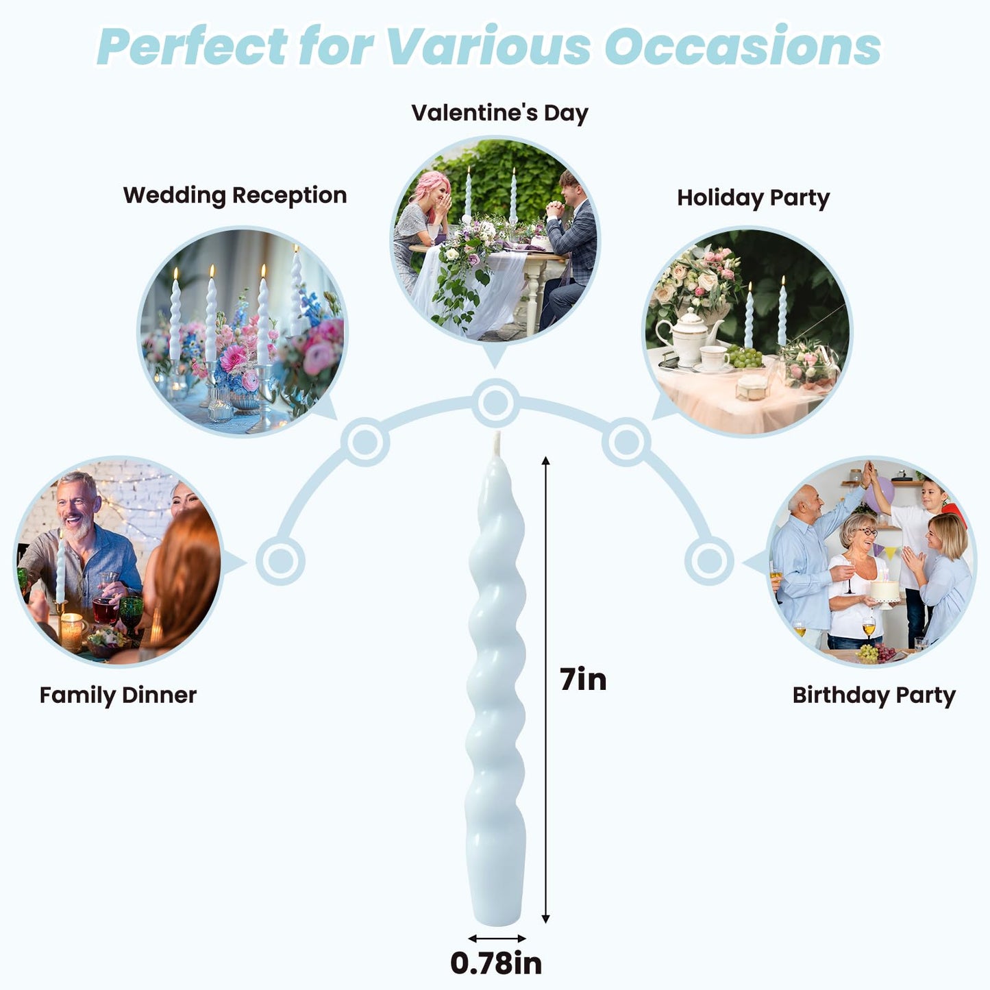 4 Pack 7 Inch Baby-Blue Spiral Taper Candles, Unscented Dripless Fat Twisted Candlesticks for Home Décor Party Wedding Baby Shower and Celebrations