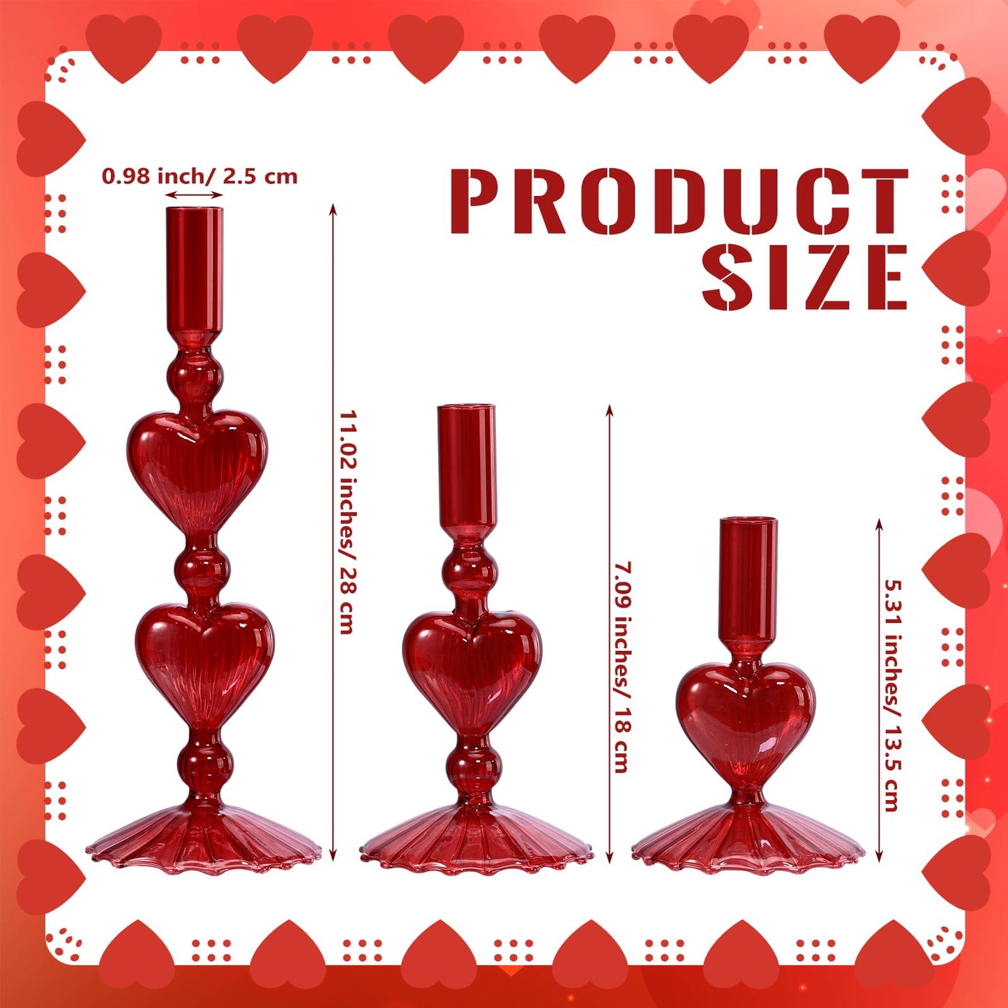 Mumufy 3 Pcs Valentine's Day Glass Candlestick Holders Heart Glass Taper Candle Holder Valentines Heart Candle Stick Vase Decor for Galentine's Day Wedding Festival Party Table Centerpiece(Red)