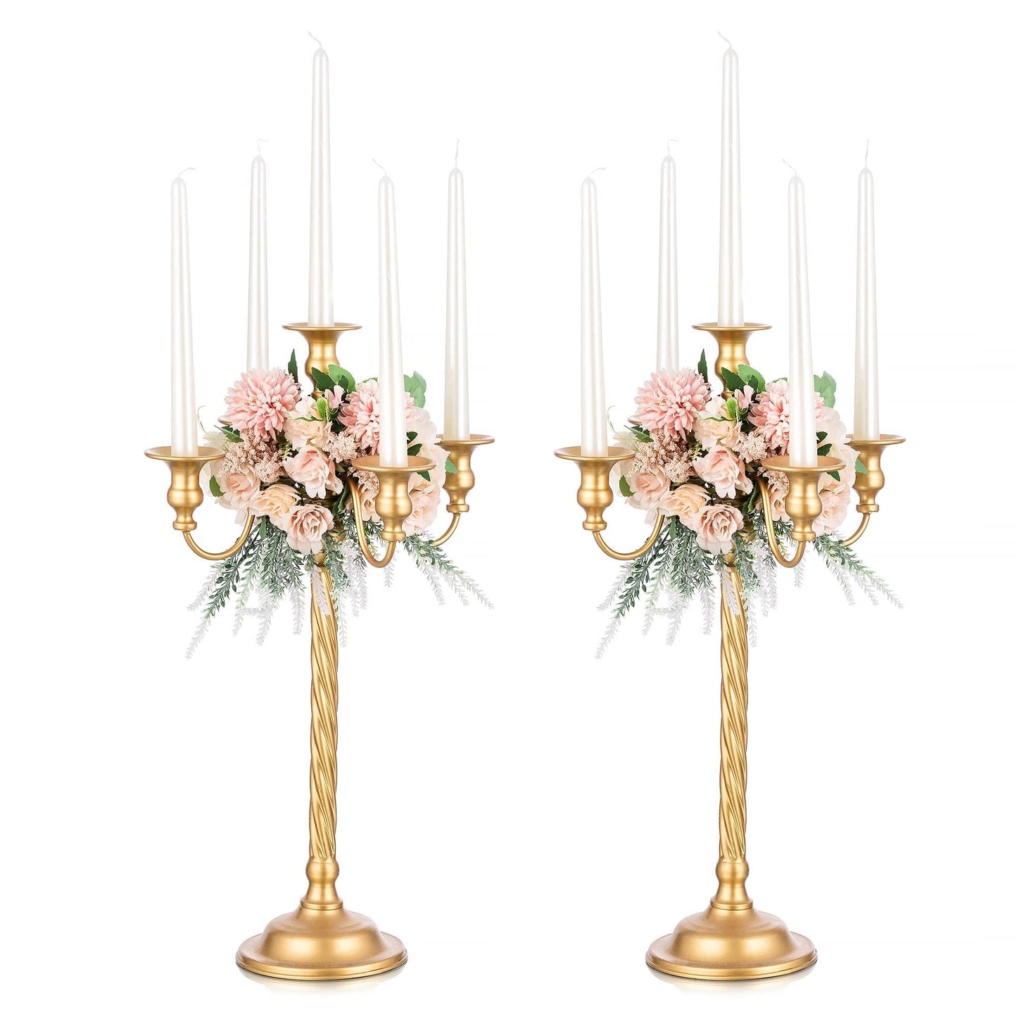 Romadedi Candelabra Gold Candle Stand: 21'' Tall 5-Branch Candlestick Holder for Wedding Centerpiece Decor Christmas Holiday Event Reception Decoration, Set of 2
