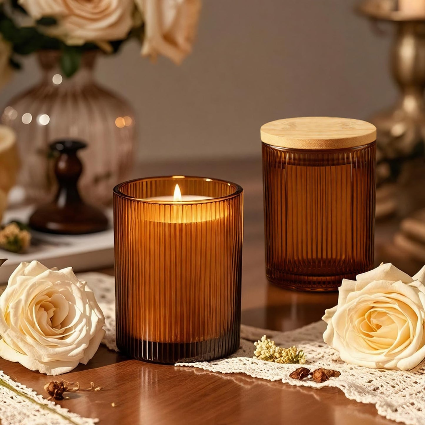 CONNOO 16pcs Ribbed Candle Glass Jars with Natural Bamboo Lids, 7oz Thick Containers for Candle Making with Wicks & Stickers, Ribbed Amber Jars for DIY Projects, Bulk Orders, Gifts & Home Décor