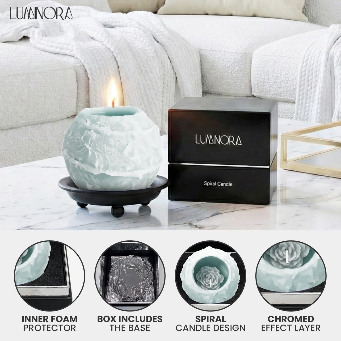 Luminora Spiral Candle with Hollow Round Design, Sculptural Wax Decor Gift, Unique Wick Flame Path, Modern Accent Piece for Shelf, Table, Mantel, and Entryway Display Set (Blue, Ocean Scented)