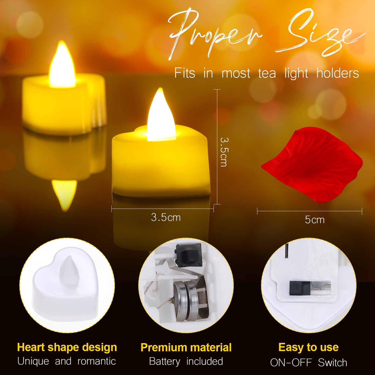 VIHOSE 4000 Pcs Artificial Rose Petals with 24 Pcs LED Tea Lights Candles Flameless LED Candles Fake Rose Petals for Wedding Birthday Party(Yellow Light, Red Petal)