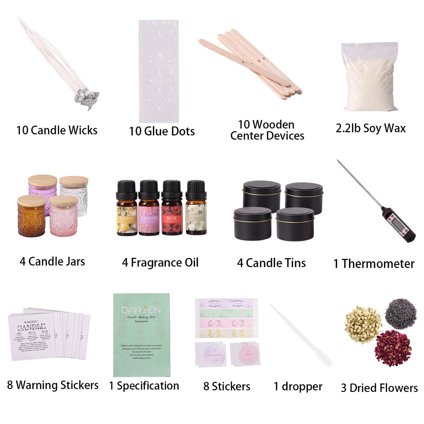 DARJEN Candle Making Kits - Soy Candles Making Supplies for Adults Including 4 Candle Jars(Clear, Pink, Amber, Purple), Candle Tins, Wax, Scents, Dried Flower & More, DIY Arts & Crafts Kits Home Decor