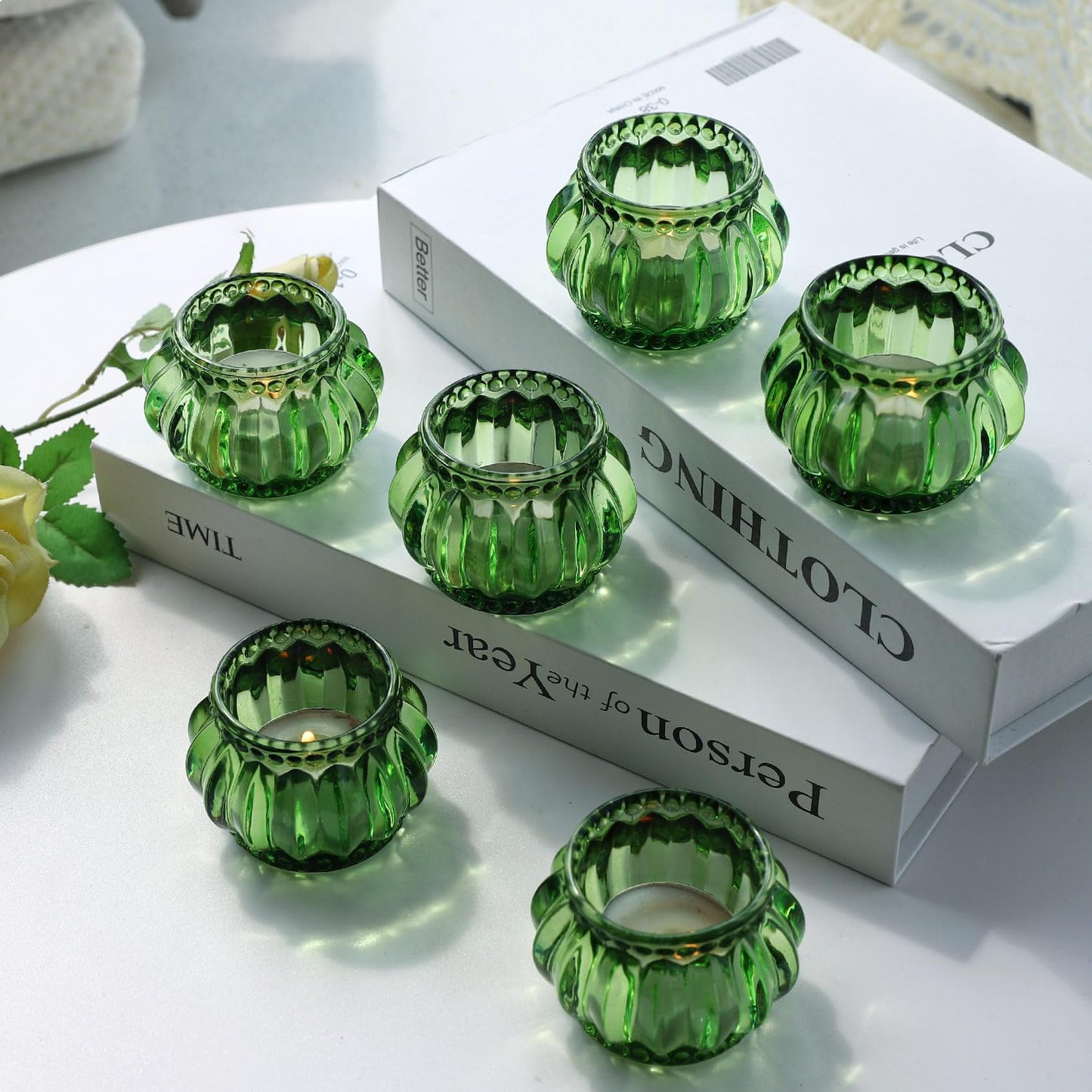 Woho Green Tea Lights Candle Holder Set of 12, Green Votive Candle Holders Bulk for Wedding Table Centerpiece, Tealight Candle Holder for Christmas Party Home Decor