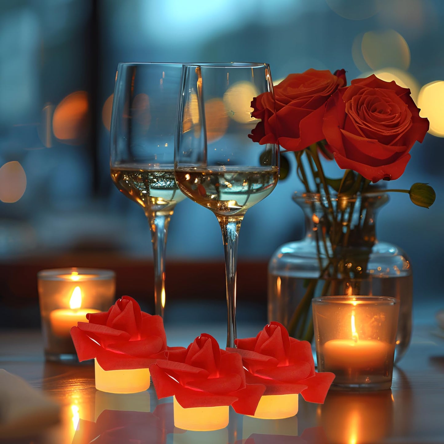 Della Stella 9 Pack Battery Operated Tea Light Candles with Artificial Rose Petals, Romantic Flameless LED Candles for Valentine's Day, Weddings, Proposals, and Christmas Decor