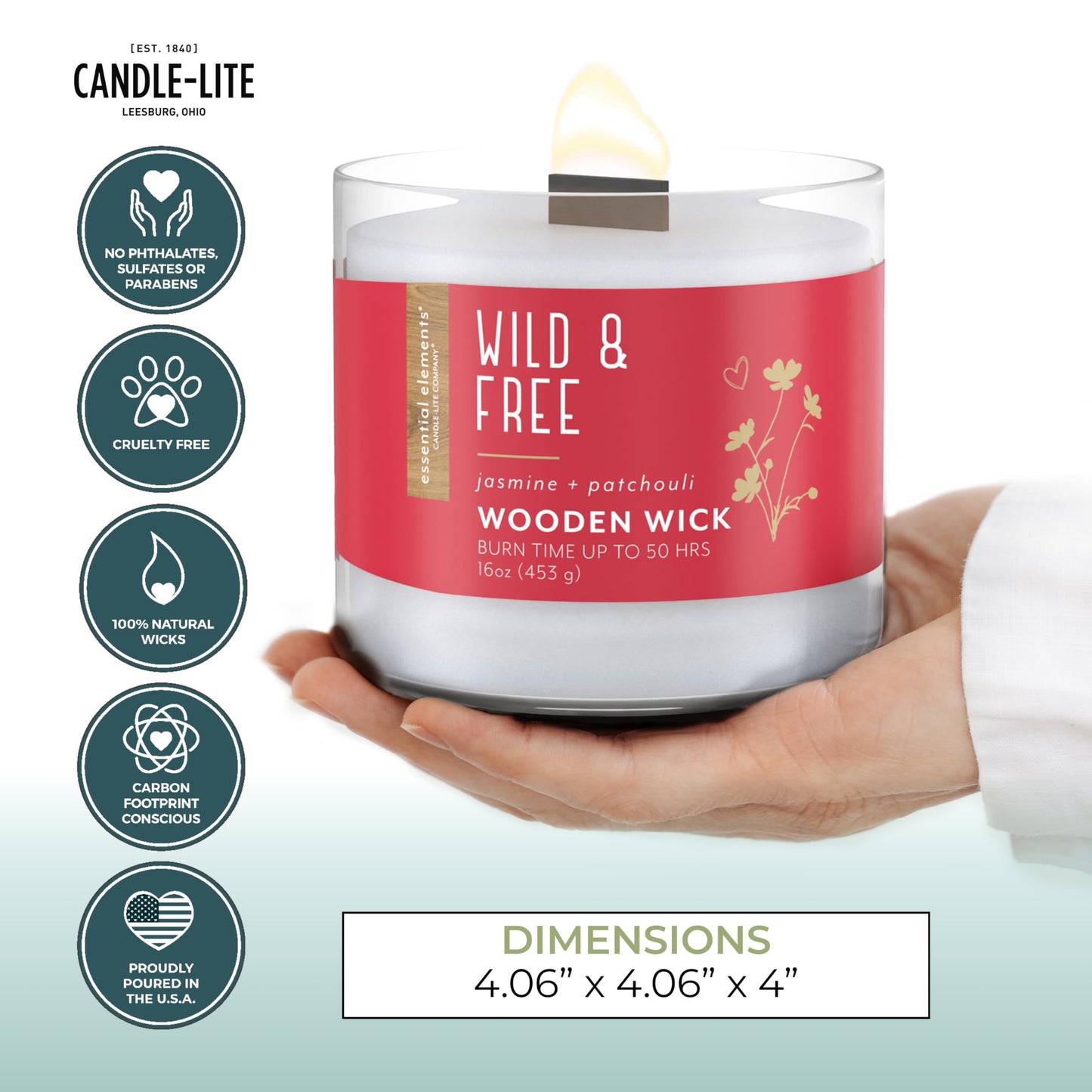 Candle-lite Essential Elements Scented Candles, Wild & Free, 16 oz Jar, Proudly Poured in The USA, Aromatherapy, Single-Wick with 50 Hours of Burn Time, Perfect for Creating a Relaxing Ambiance