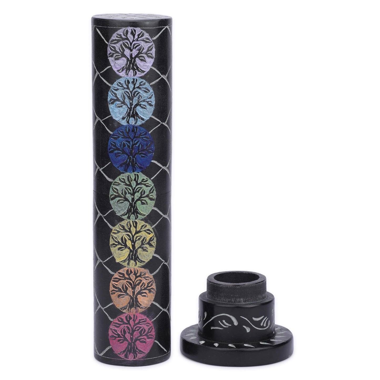 Ajuny Marble Incense Stick Tower Burner Tree of Life Carving Round Tealight Candle Stand Black Incense Stick Holder with Ash Catcher for Yoga Meditation Fragrance Home and Office Décor (10.5 Inch)
