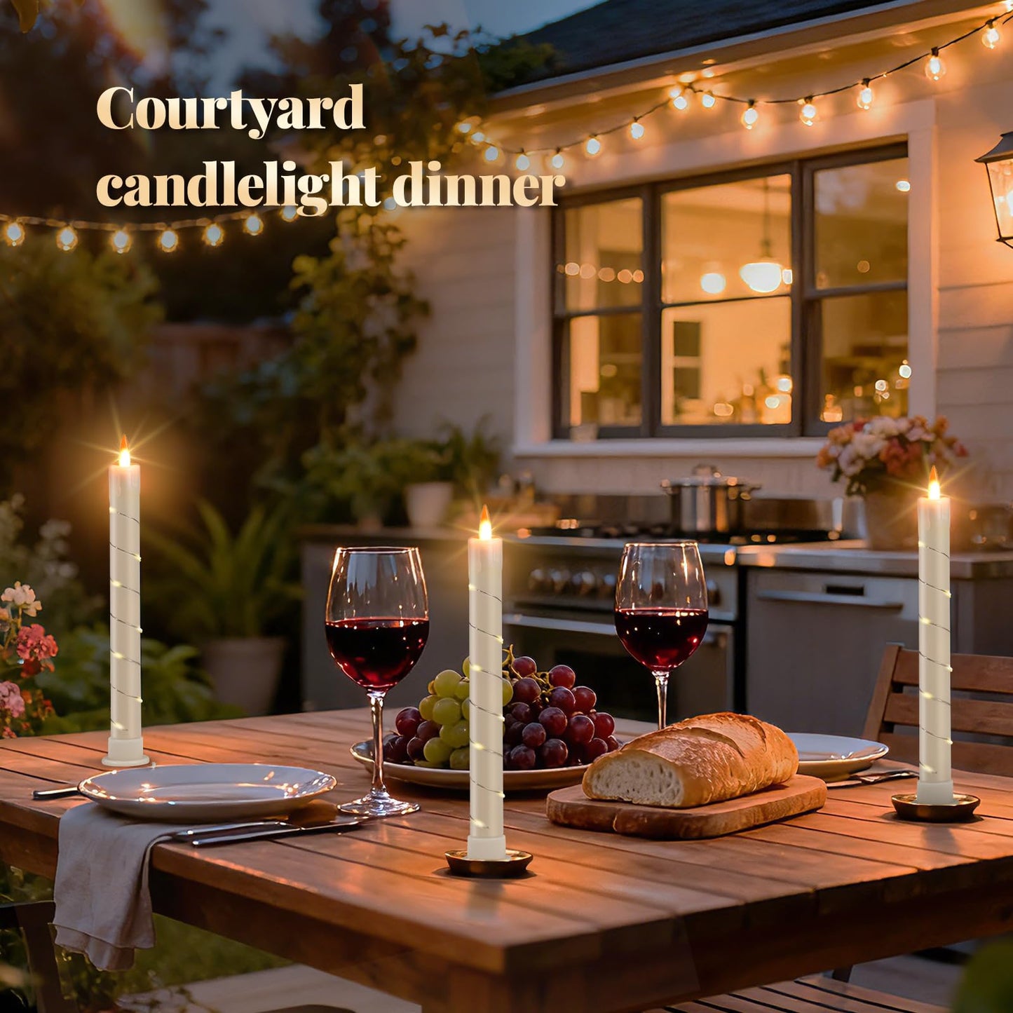 Rlojru 3pcs Flameless Taper Candle with Remote, Battery Powered, Timer, 3 Ivory ABS Candlesticks, 11 Mini Surround String Lights, 9.4 Inch LED Candles for Wedding, Birthday Party, Prom, Home Decor