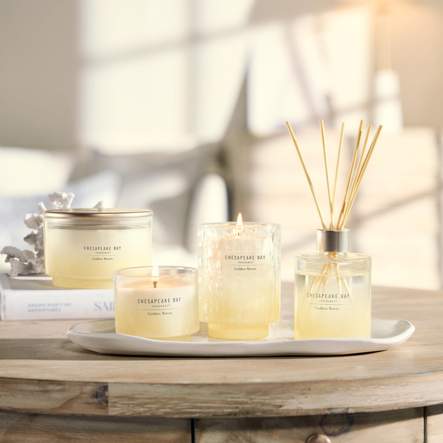 Chesapeake Bay, 11oz Golden Waves Scented Candle, Mood Evoking Fragrance, Textured Sea Glass-Inspired Jar, Premium Soy Blend Wax with Essential Oils, Coastal Fragrance for Home Décor or Gifting