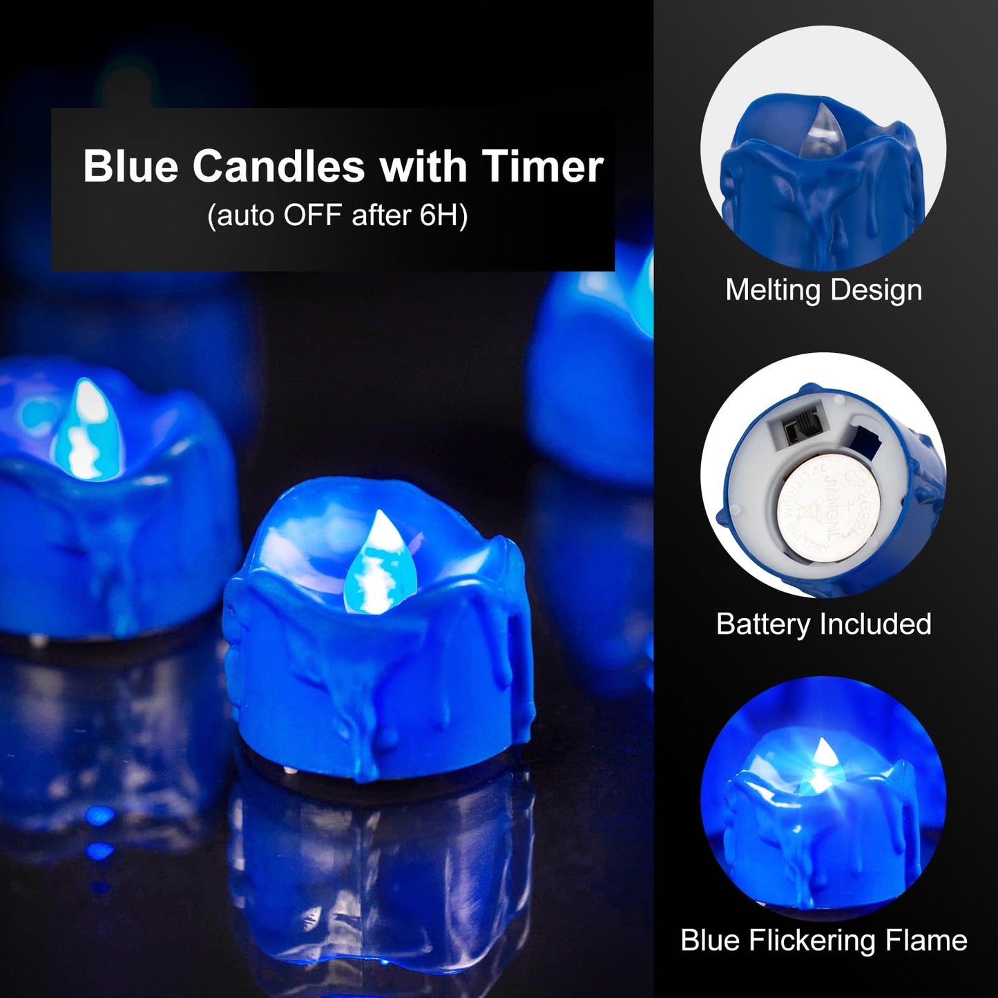 Windshell Blue Flickering Flame Tealight Candles with 6H Timer (No Remote), Battery Operated LED Flameless Tea Lights with Melting Design, for Halloween Christmas Wedding Party, 12 Pack