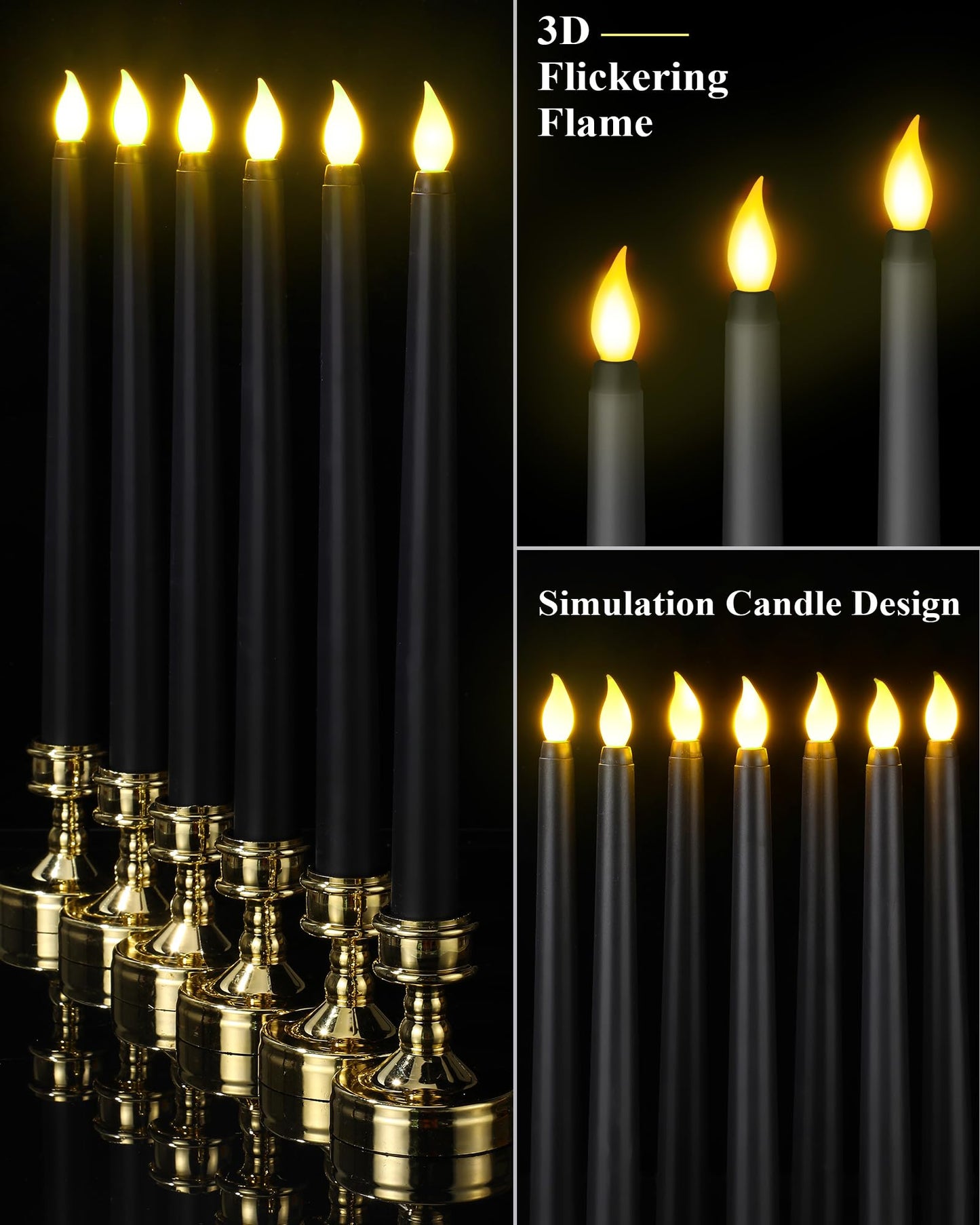 Funtery 48 Pcs Flameless LED Taper Candles Battery Operated Candles Bulk Realistic LED Candlesticks Flickering for Wedding Church Graduation Party Home Decor(Black,Classic Style)