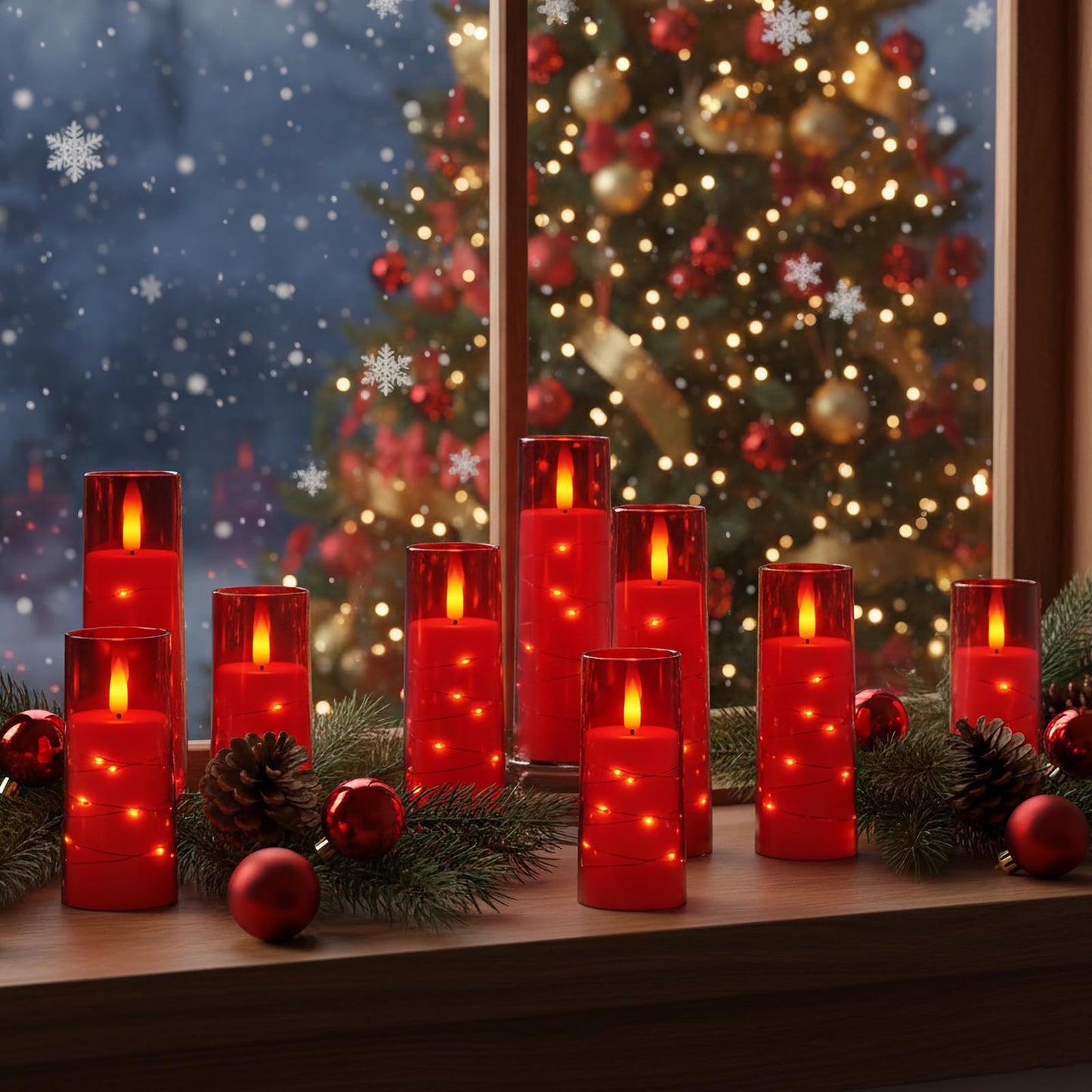 Raycare Independence Day Flameless Candle with Remote Timer – 9 Flickering Acrylic Battery Operated LED Pillar Candles with Embedded Star String for 4th of July Home Patriotic Decor, as a Gift (Red)