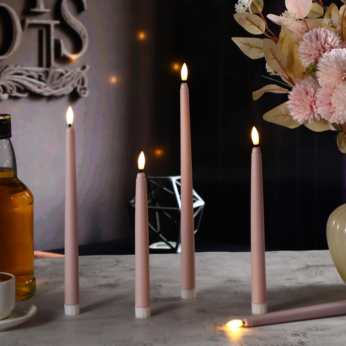 Rossesay 48 Pcs Flameless LED Taper Candles Battery Operated Candles 4 Sizes of 8.5'', 9.65'', 10.83'', 12.8'' Flameless Candlesticks Flickering for Halloween Christmas Church Wedding(Dusty Pink)