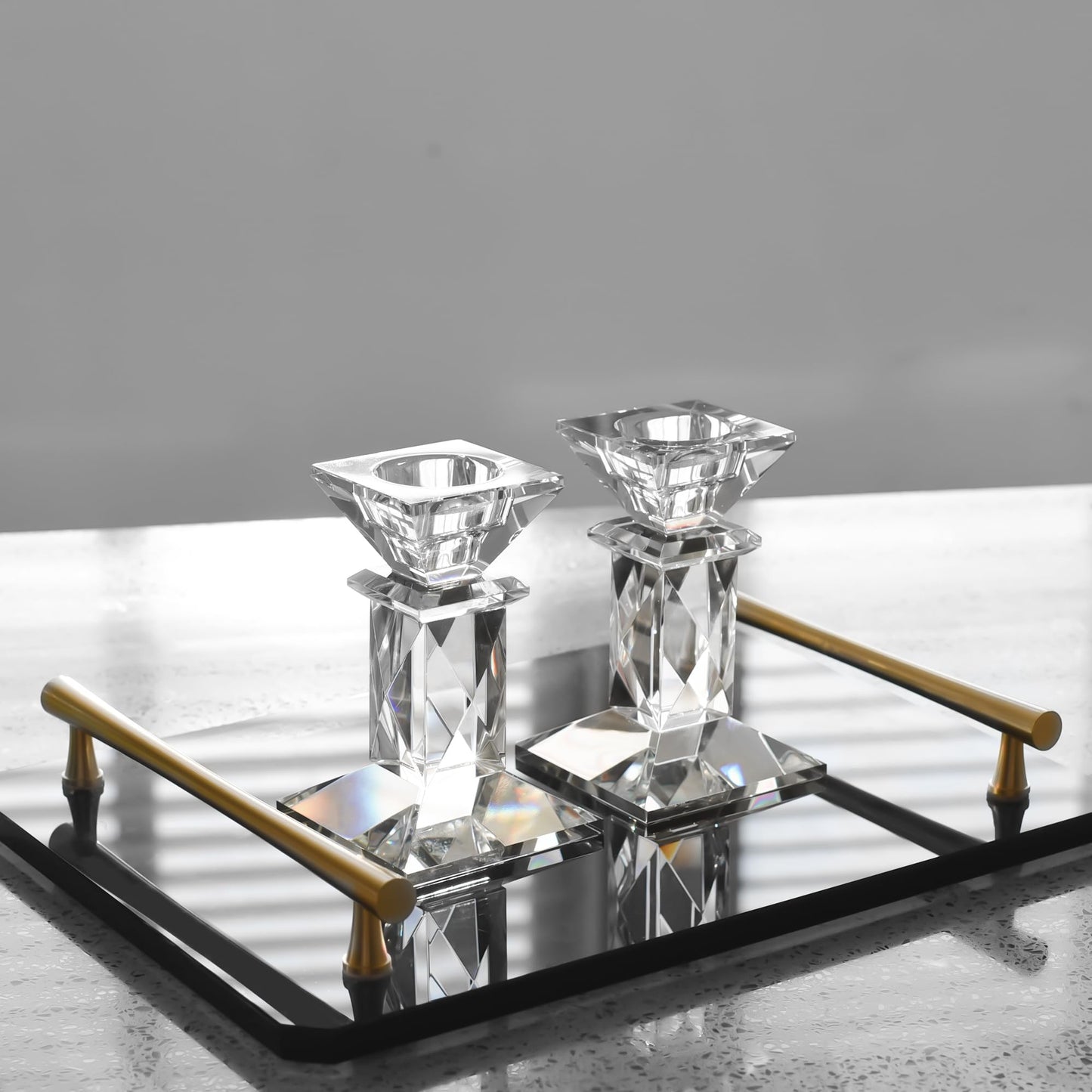 DONOUCLS Crystal Candle Holders Pack of 2, Clear Crystal Taper Candlesticks Holders, Table Centerpiece Home Decor for Wedding, Dining, Party(4.9in Tall)